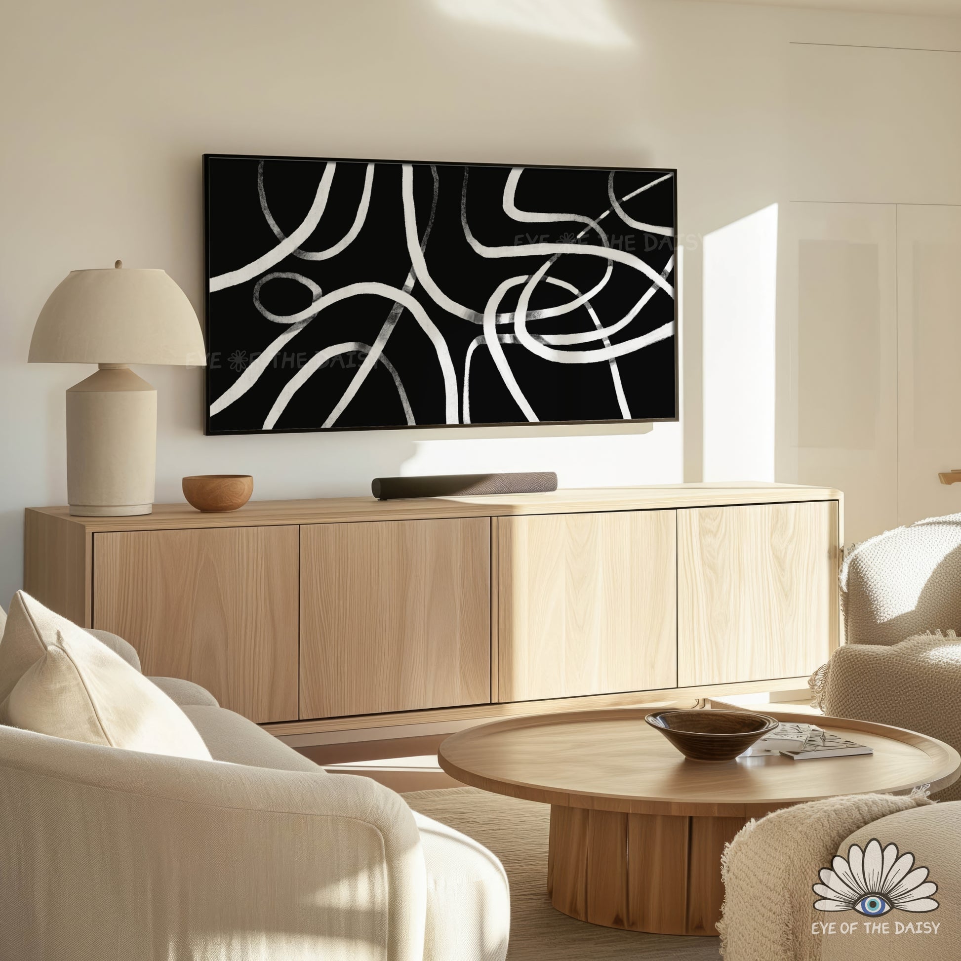 Contemporary black and white abstract line art, TV art for 4K screen and 4K art for TV screen, eclectic decor