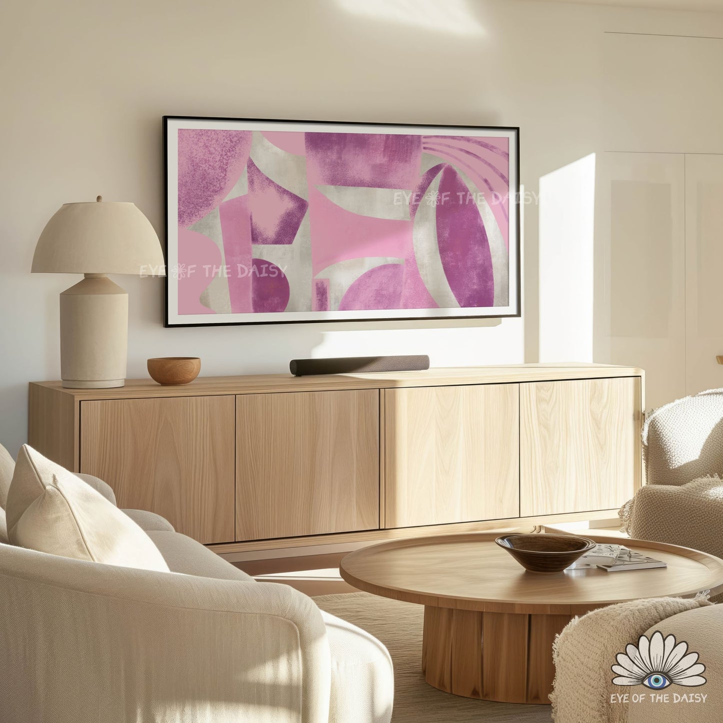 Abstract mid century TV art for 4K screen, textured geometric design in pink and beige contemporary decor