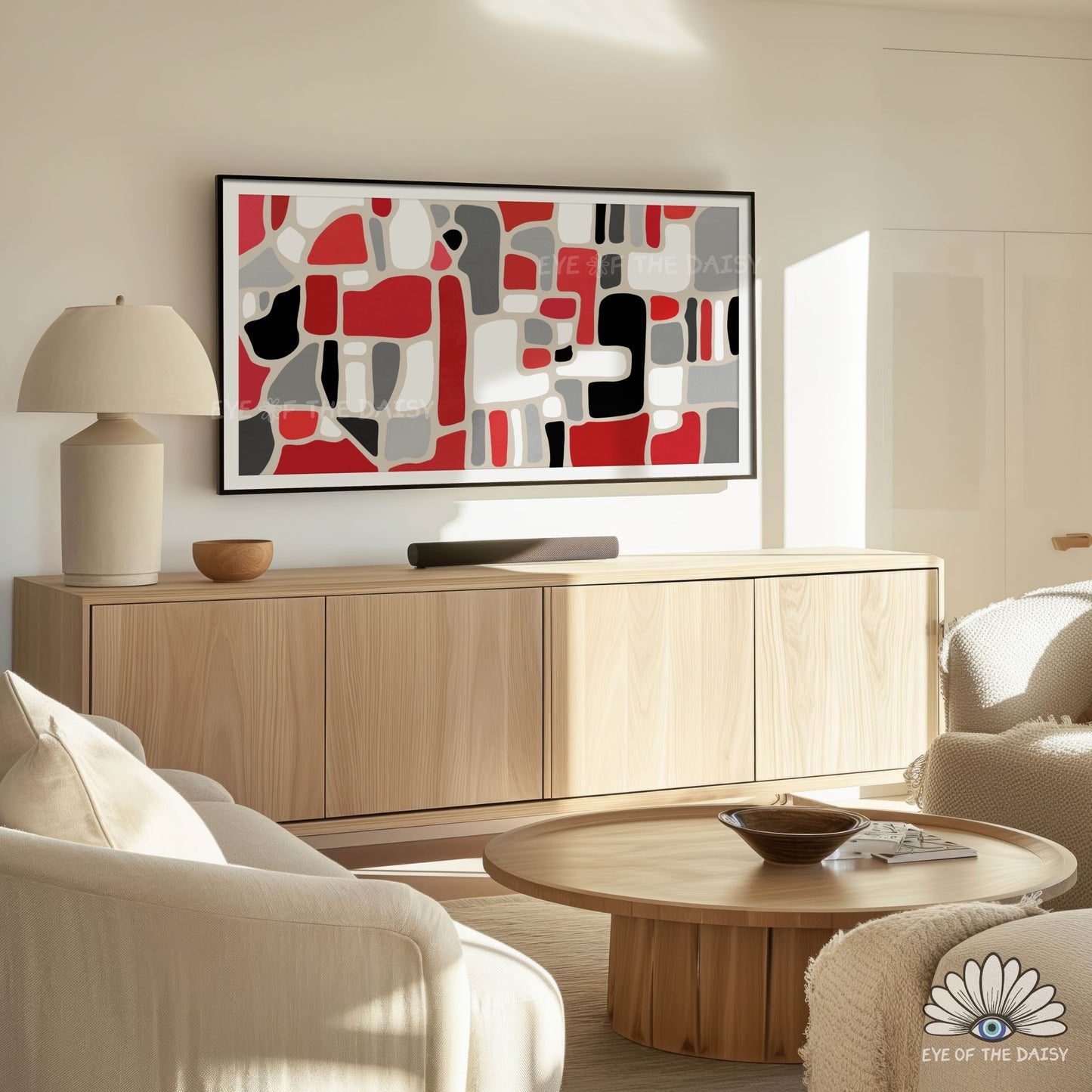 Geometric 4K TV screen artwork digital download, red black grey white abstract design for modern interiors