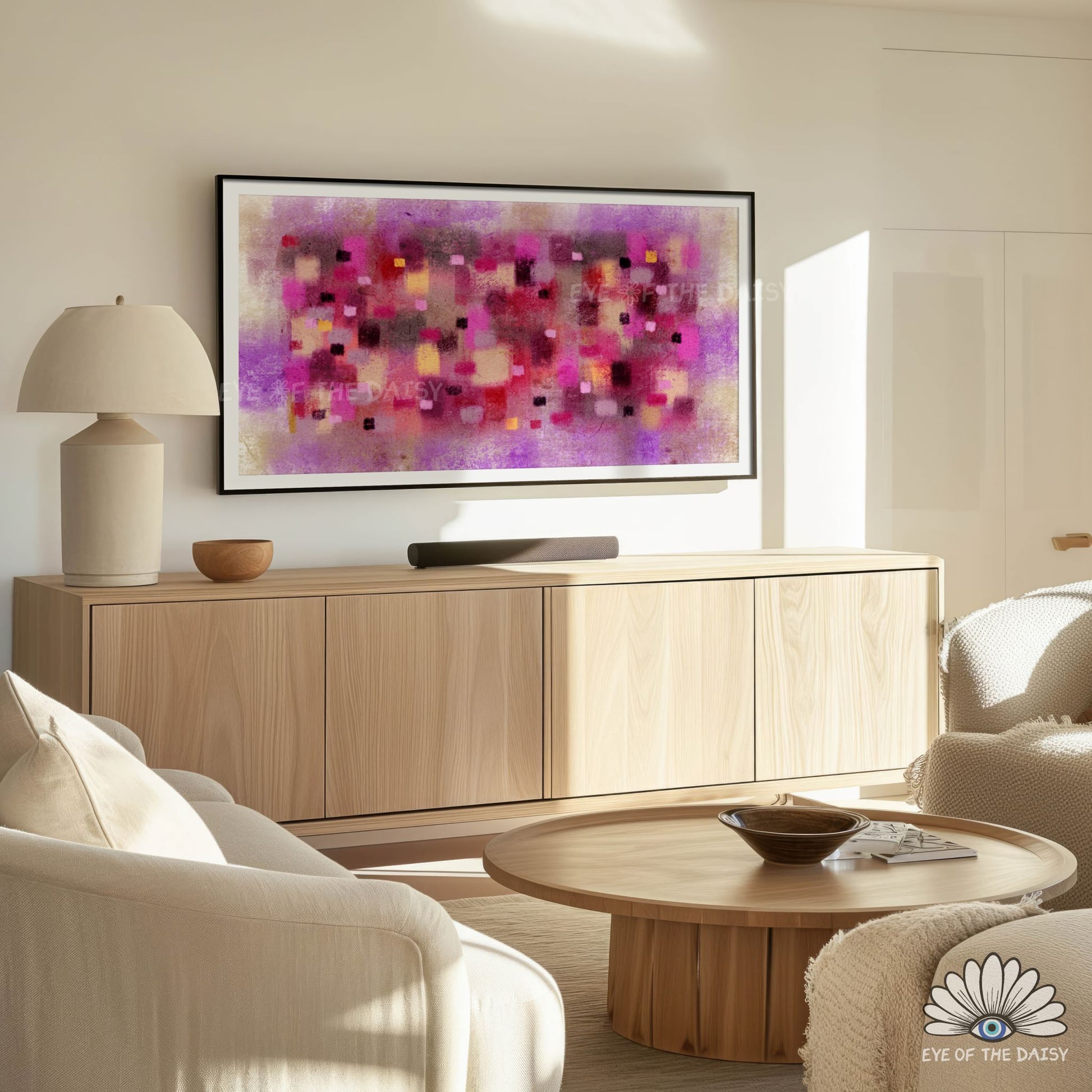 4K TV art digital download, bold purple burgundy mustard abstract expressionist hand drawn painting