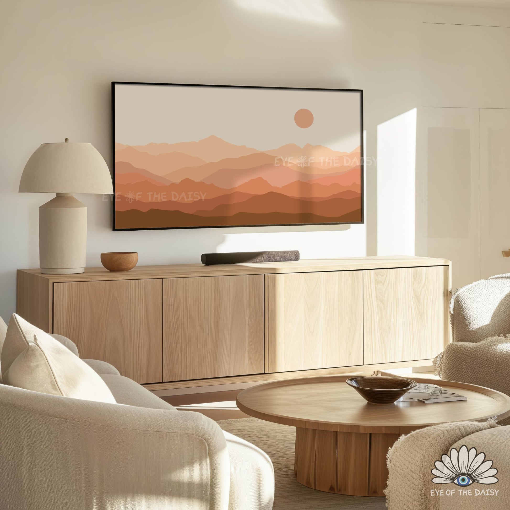 Minimalist neutral mountain landscape artwork designed for Frame TV screensaver in warm beige and brown tones