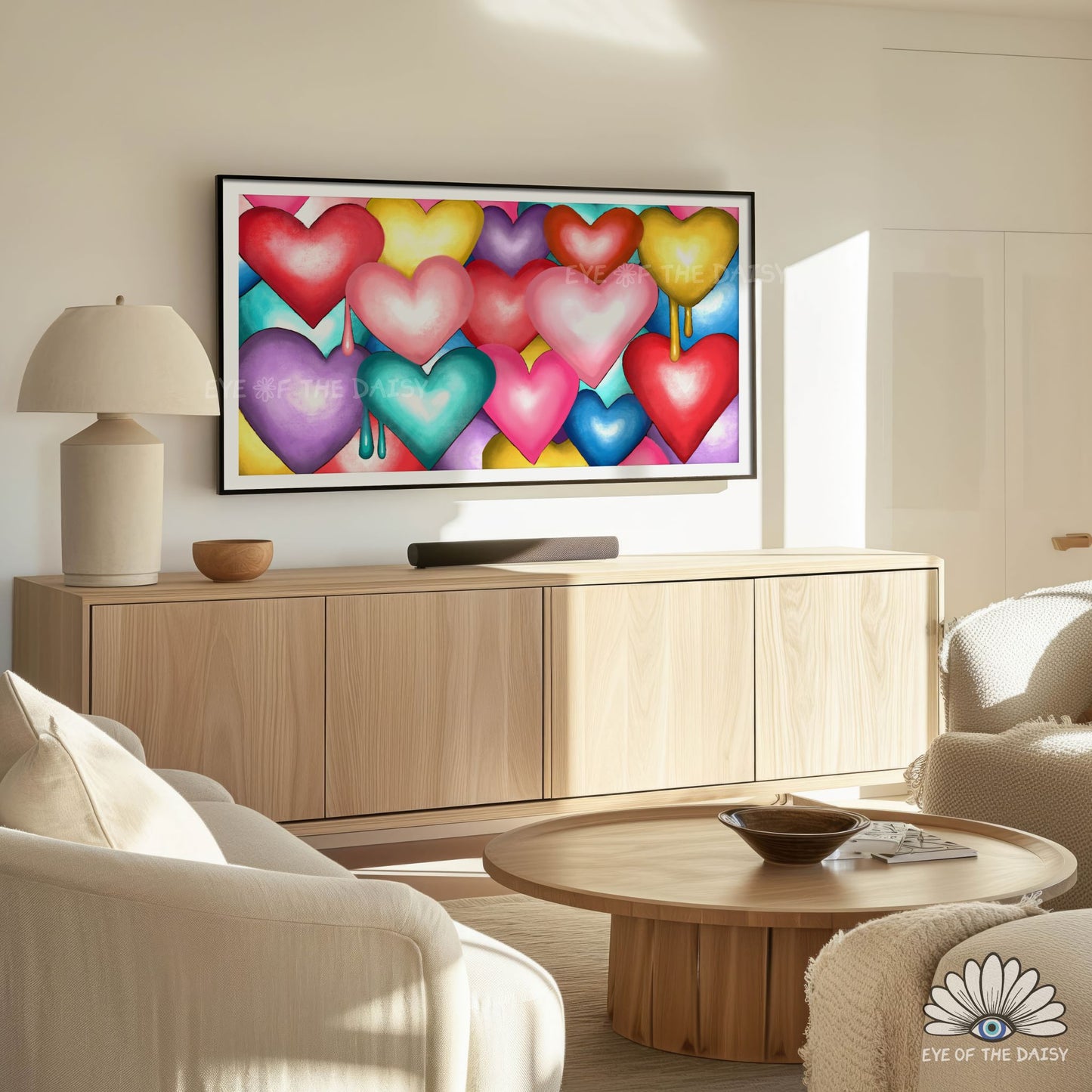 Contemporary colourful hearts TV artwork screensaver for modern living room