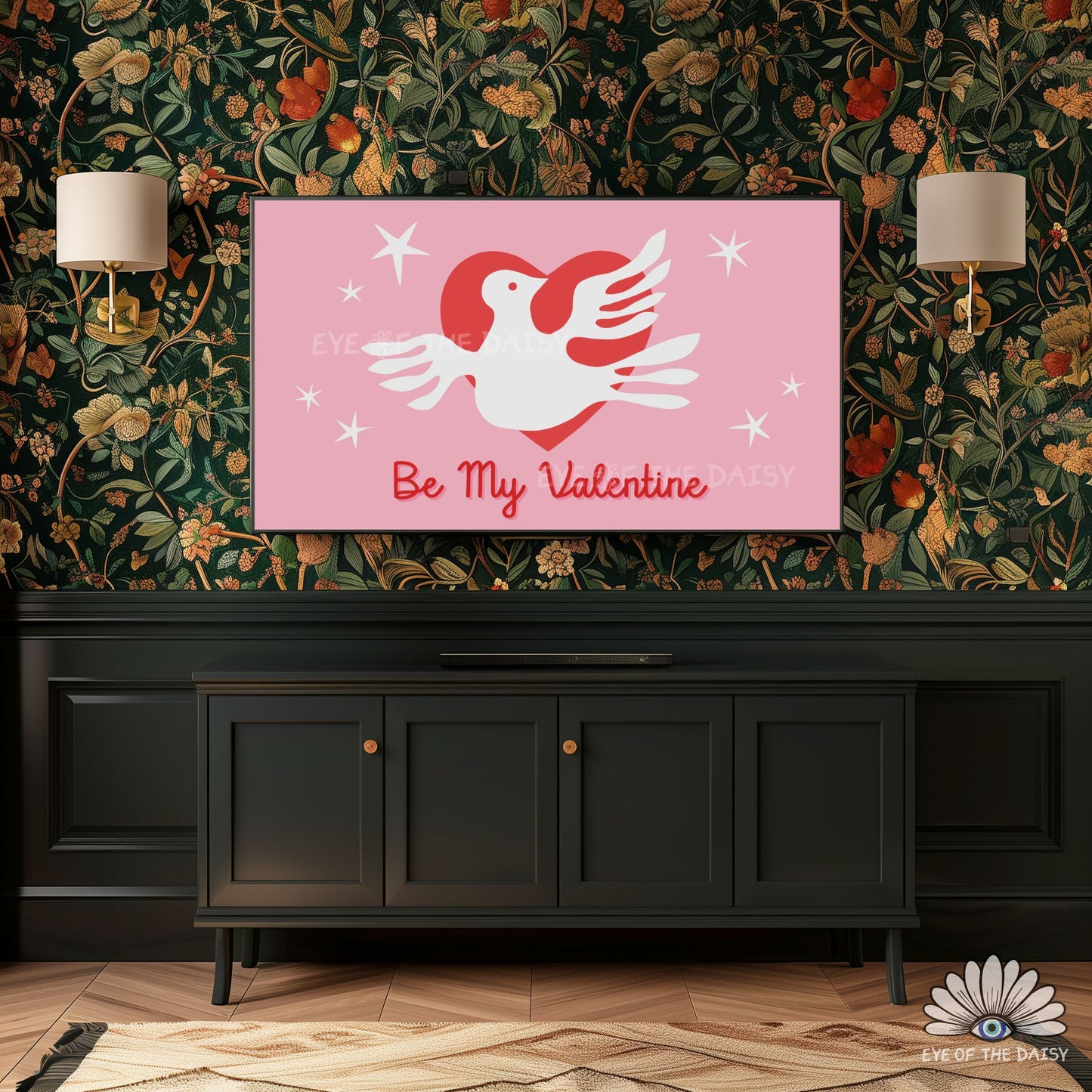 Contemporary Valentine’s Day television art in 4K, Matisse style cut-out digital decor