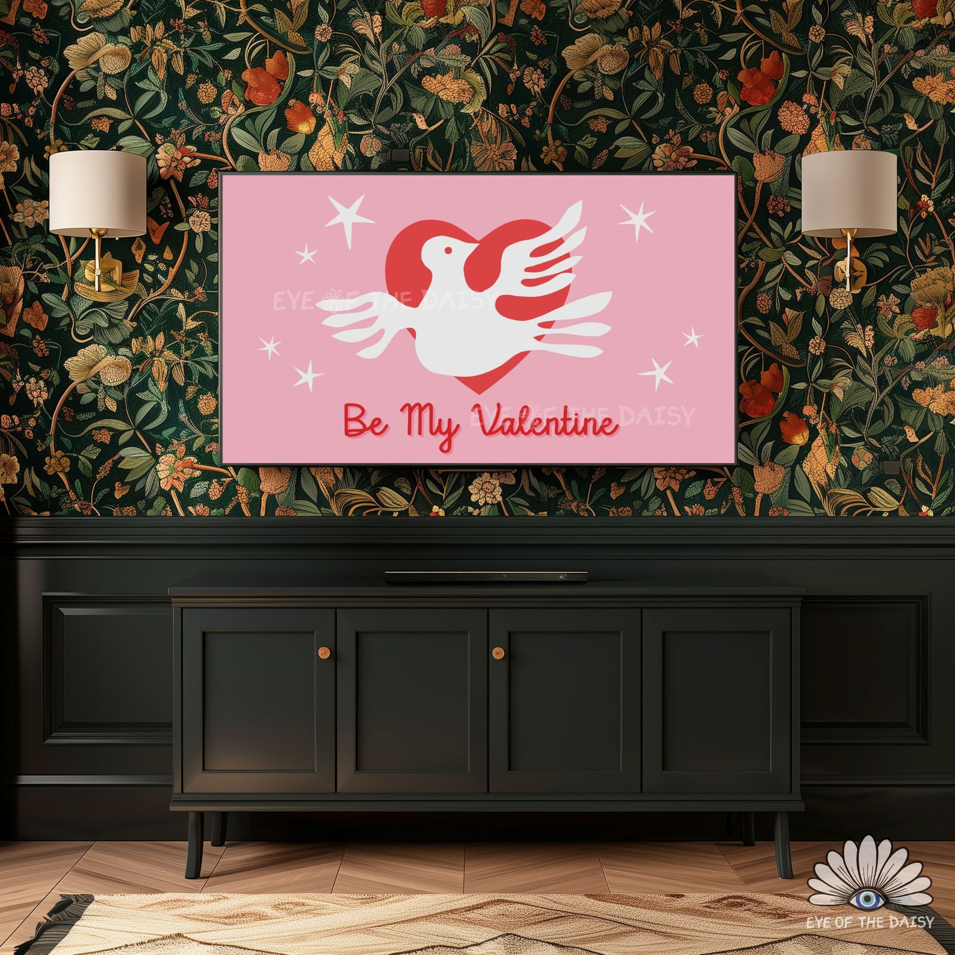 Contemporary Valentine’s Day television art in 4K, Matisse style cut-out digital decor