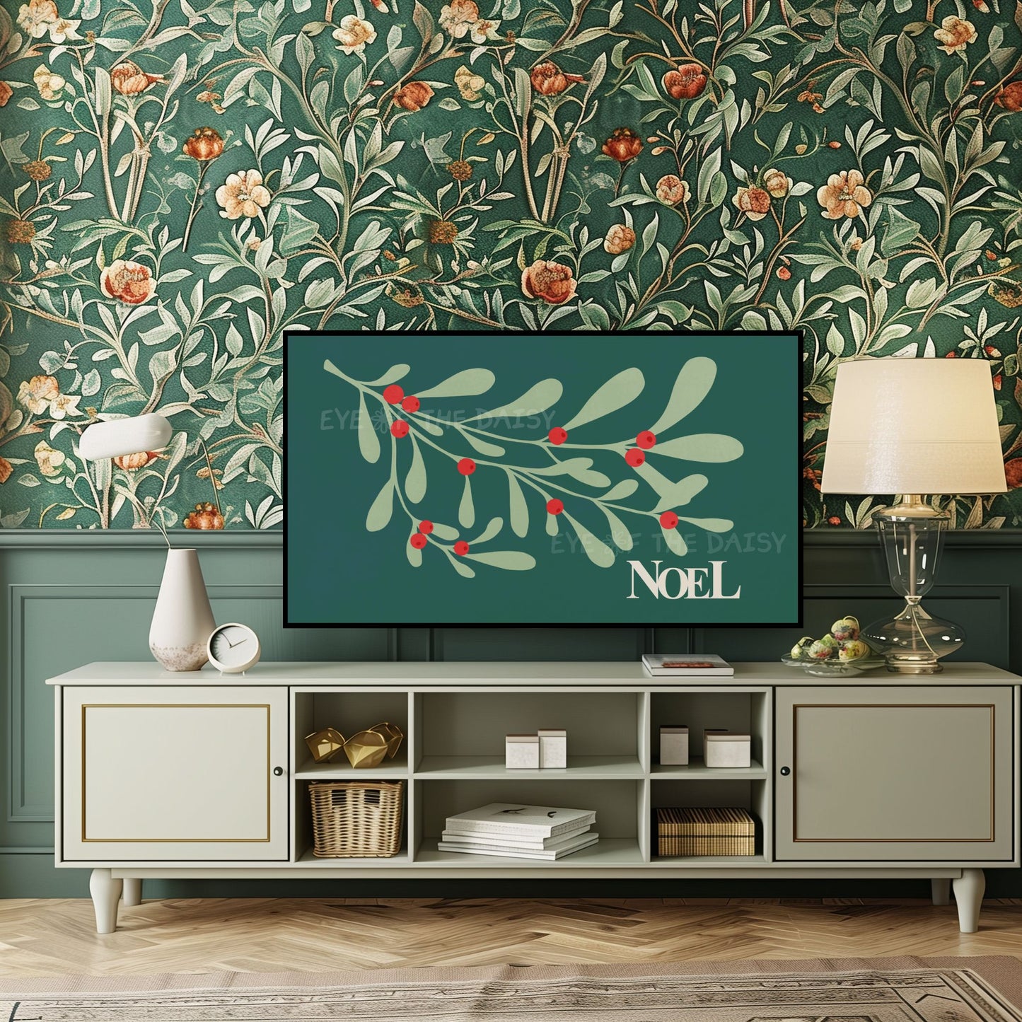 Dark Green Red Christmas Botanical 4K TV Art | Traditional Holiday Mistletoe 4K TV Art