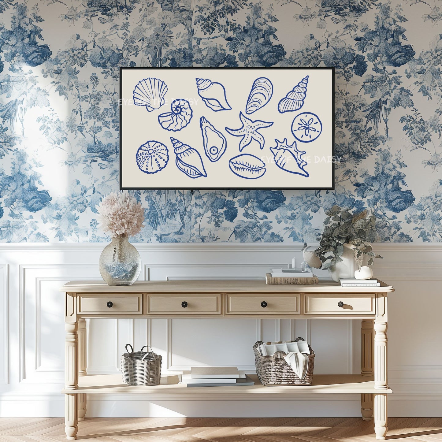 Navy Blue Beige Minimal Shells Sketch 4K TV Art | Modern Hamptons Coastal TV Artwork