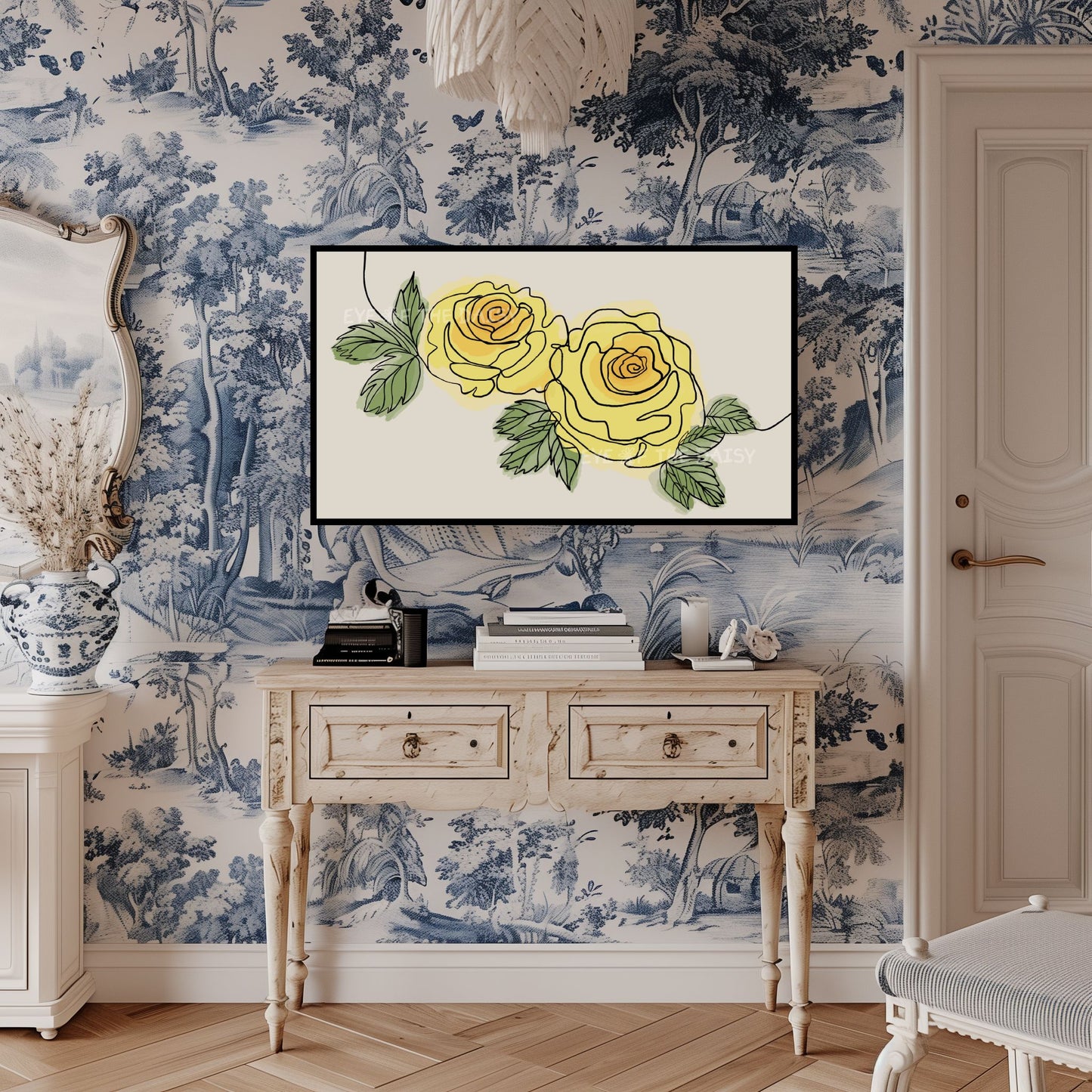 Yellow Roses Botanical Drawing 4K TV Art | Minimal Yellow Flowers Sketch TV Art 4K