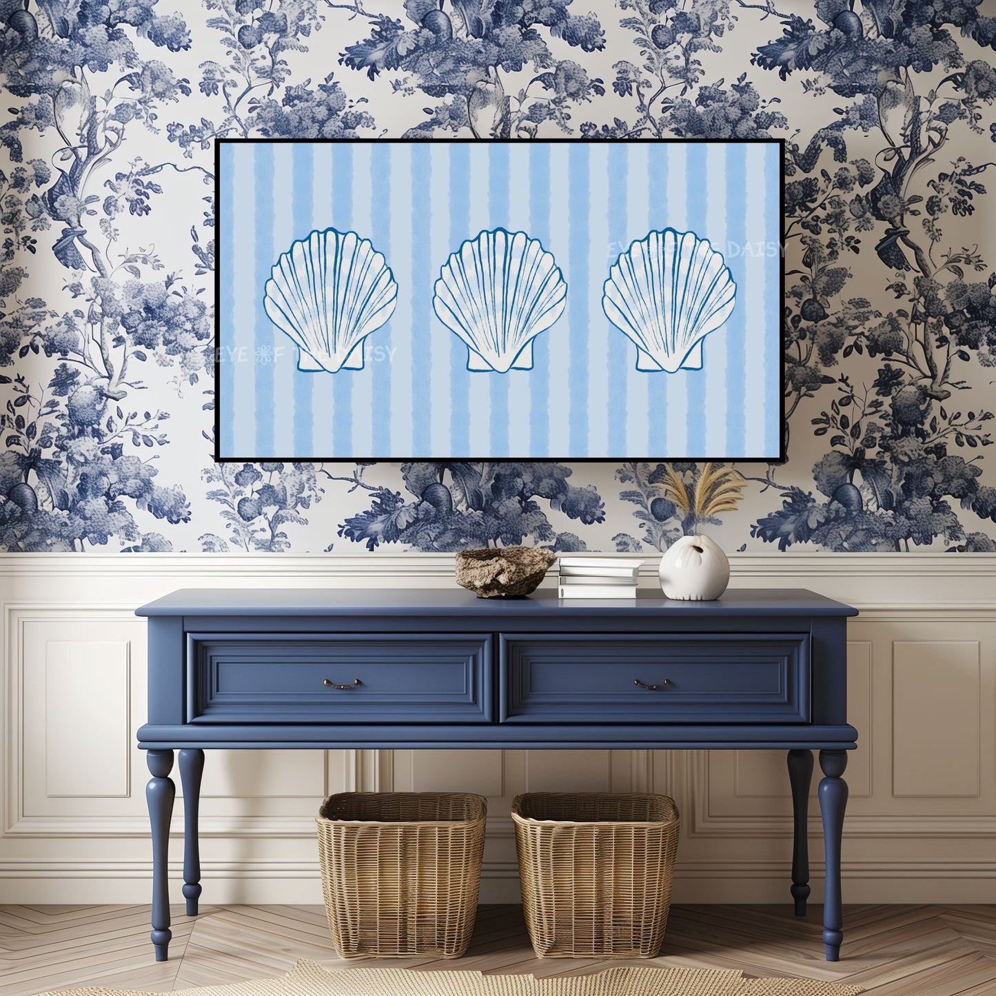 Striped Blue Shells 4K TV Art | Pale Blue Hamptons Coastal 4K Art for TV Screen