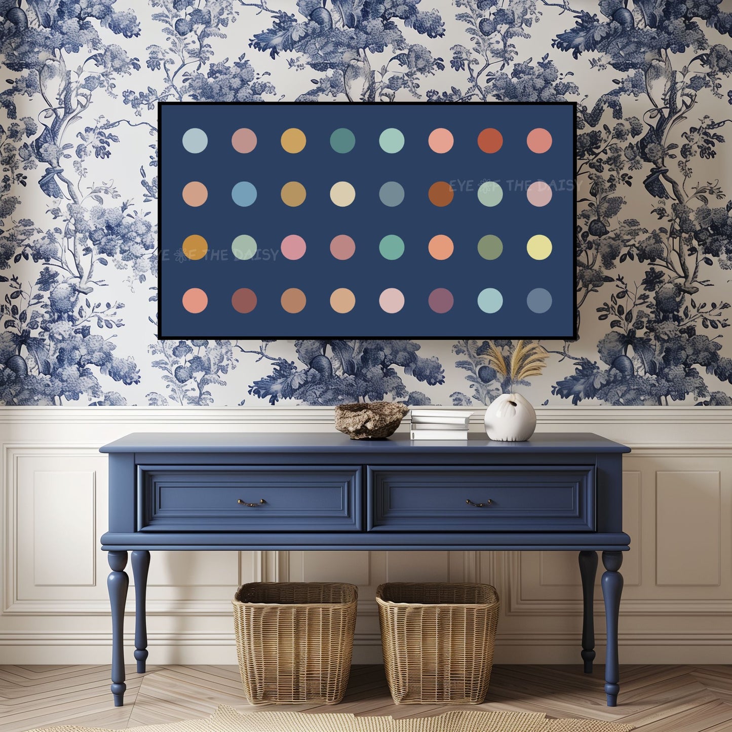 Navy Blue & Pastel Polkadot 4K TV Art | Minimal Colourful Art for TV Screen 4K