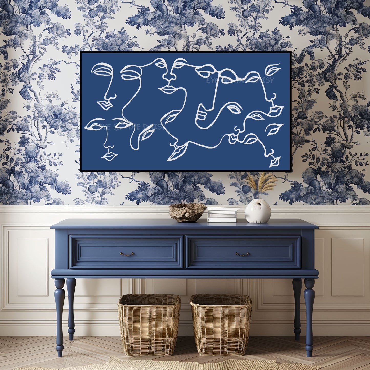 Navy Blue White Abstract Face 4K TV Art | Eclectic Face Line Art for TV Screen