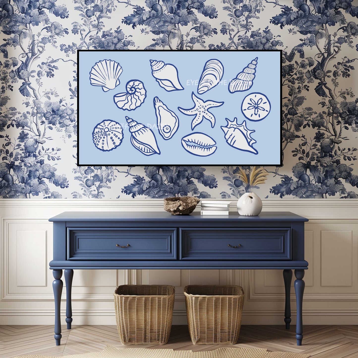 Pale Blue White Shells Sketch 4K TV Art | Modern Coastal Sea Shells TV Artwork 4K