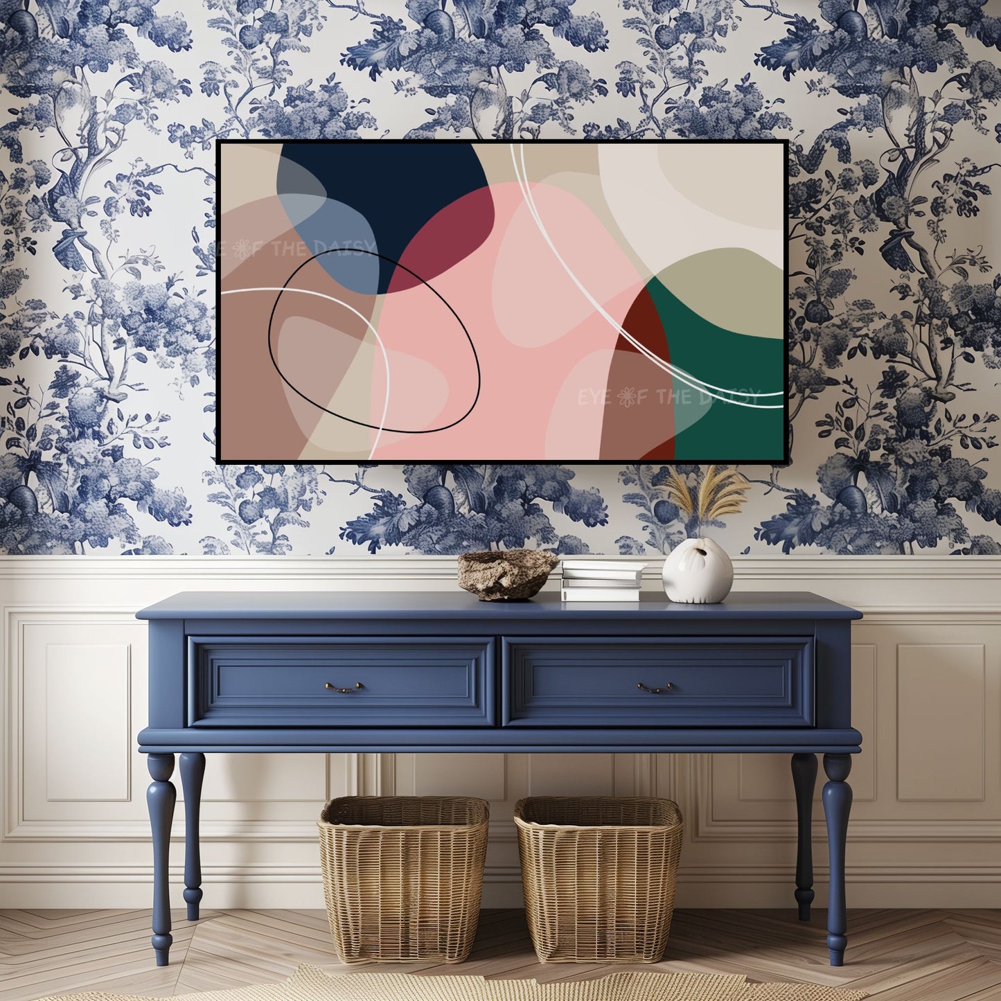 Navy Blue, Blush Pink & Forest Green Abstract 4K TV Art | Mid Century Modern TV Art