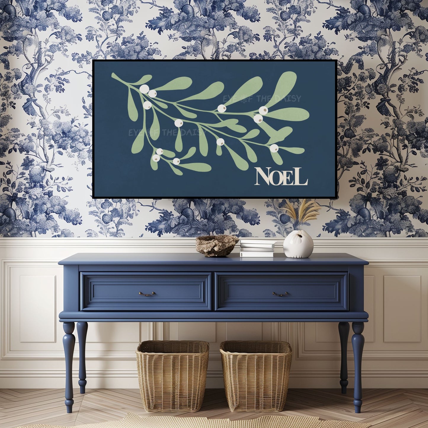 Navy Blue Christmas Botanical 4K TV Art | Holiday Mistletoe Art for TV Screen 4K