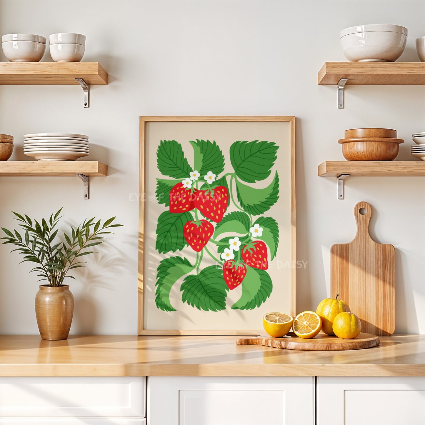 Bright strawberry plant poster – colourful abstract printable for dopamine decor kitchen, digital art download with modern vibes