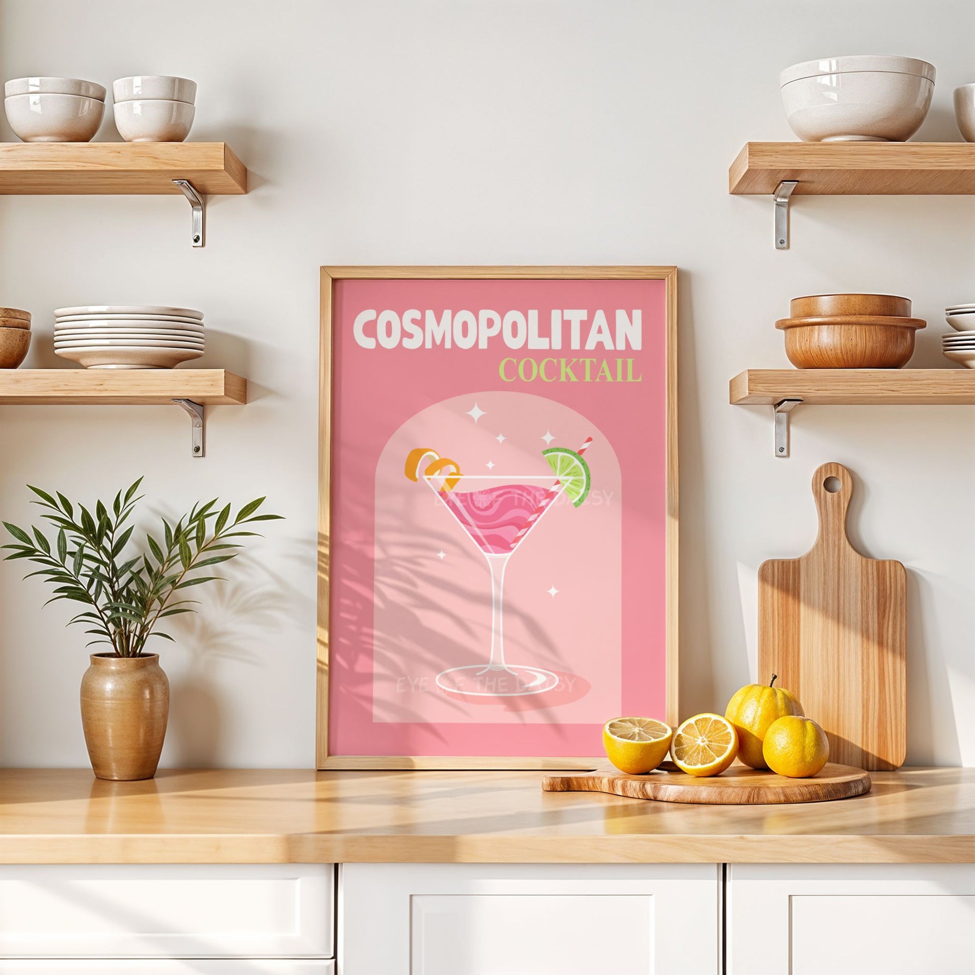 Cosmopolitan cocktail printable – pink girly retro drink poster, trendy DIY wall decor for a stylish kitchen or funky bar decor