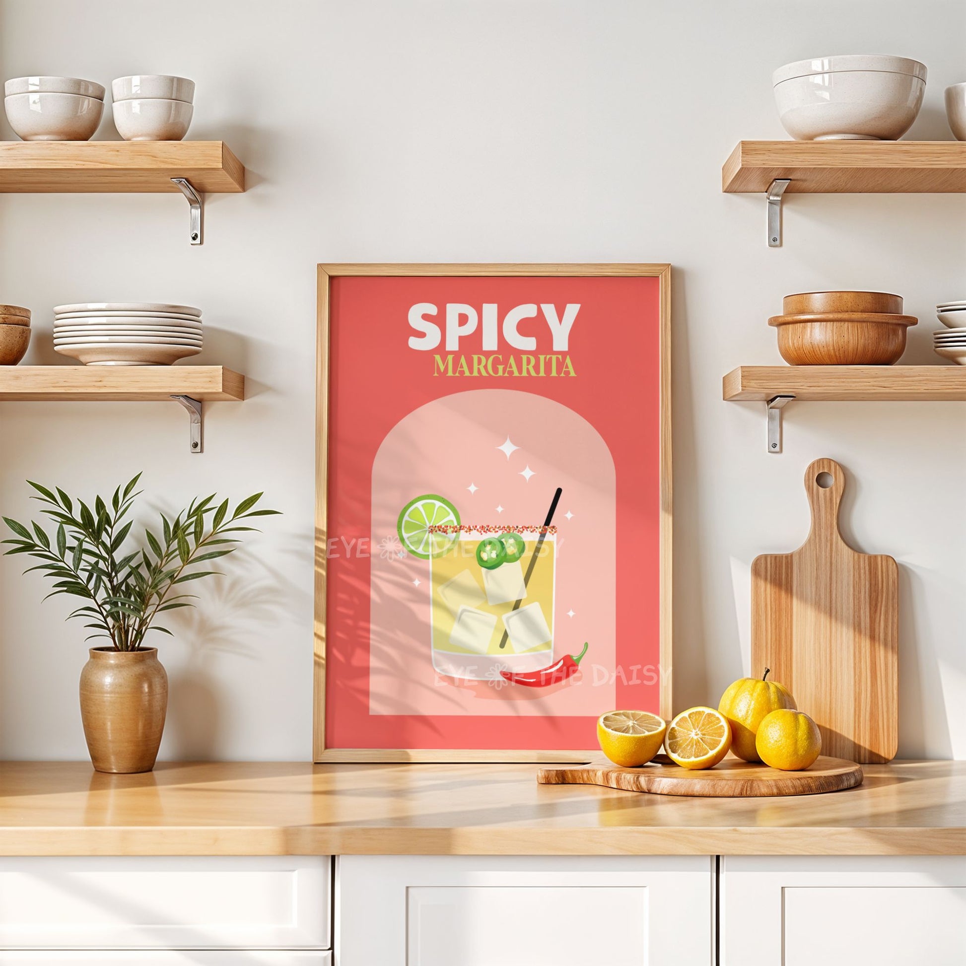 Colourful modern Spicy Margarita poster in a fun kitchen, perfect as a Spicy Marg lover gift or above a bar cart