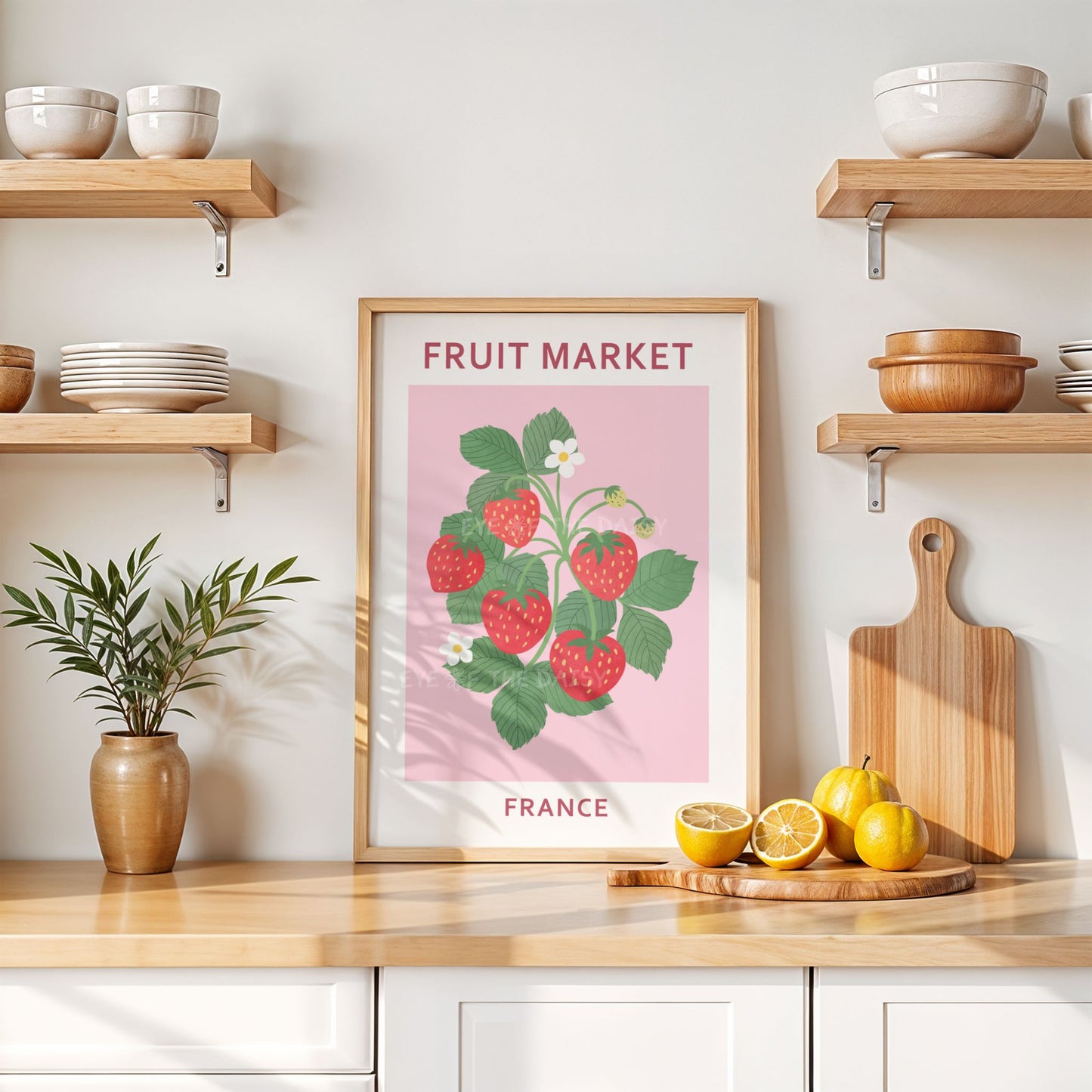 Fruit Market France strawberry digital print — colourful downloadable poster for French-inspired kitchen or summer decor space