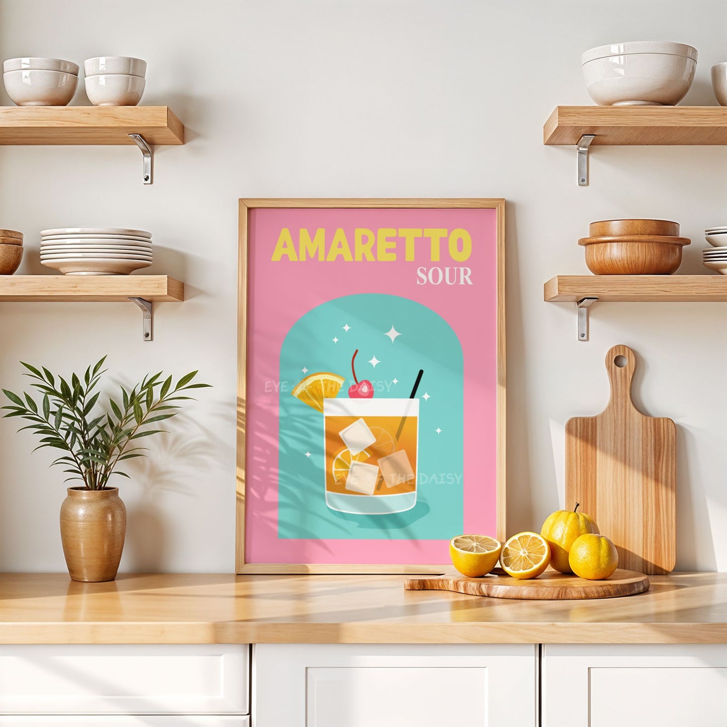 Fun Amaretto Sour digital art print, bright retro-style cocktail poster for colorful kitchen gallery wall or apartment