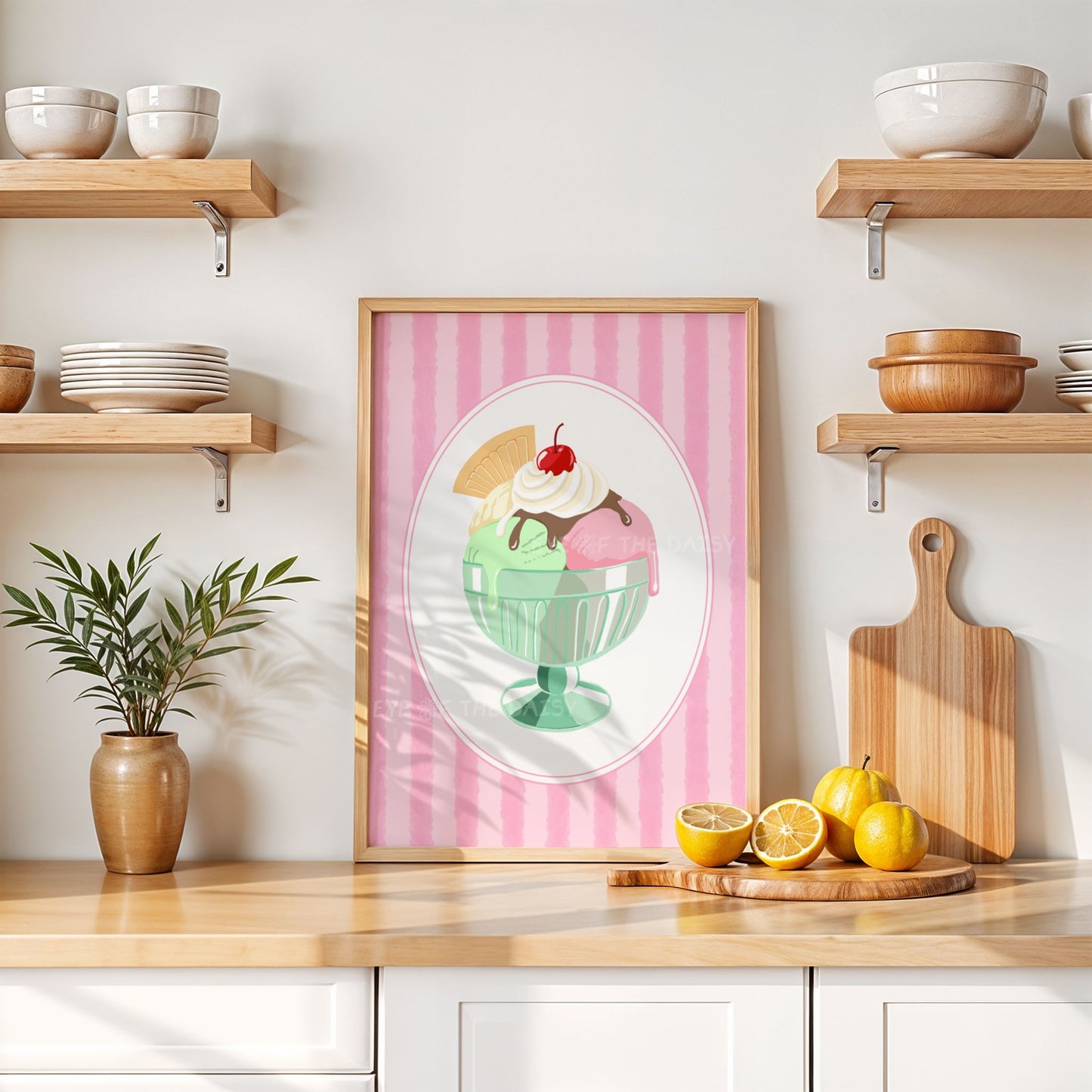 Cute framed artwork of a vintage ice cream sundae digital print on a kitchen wall, perfect for dopamine kitchen decor