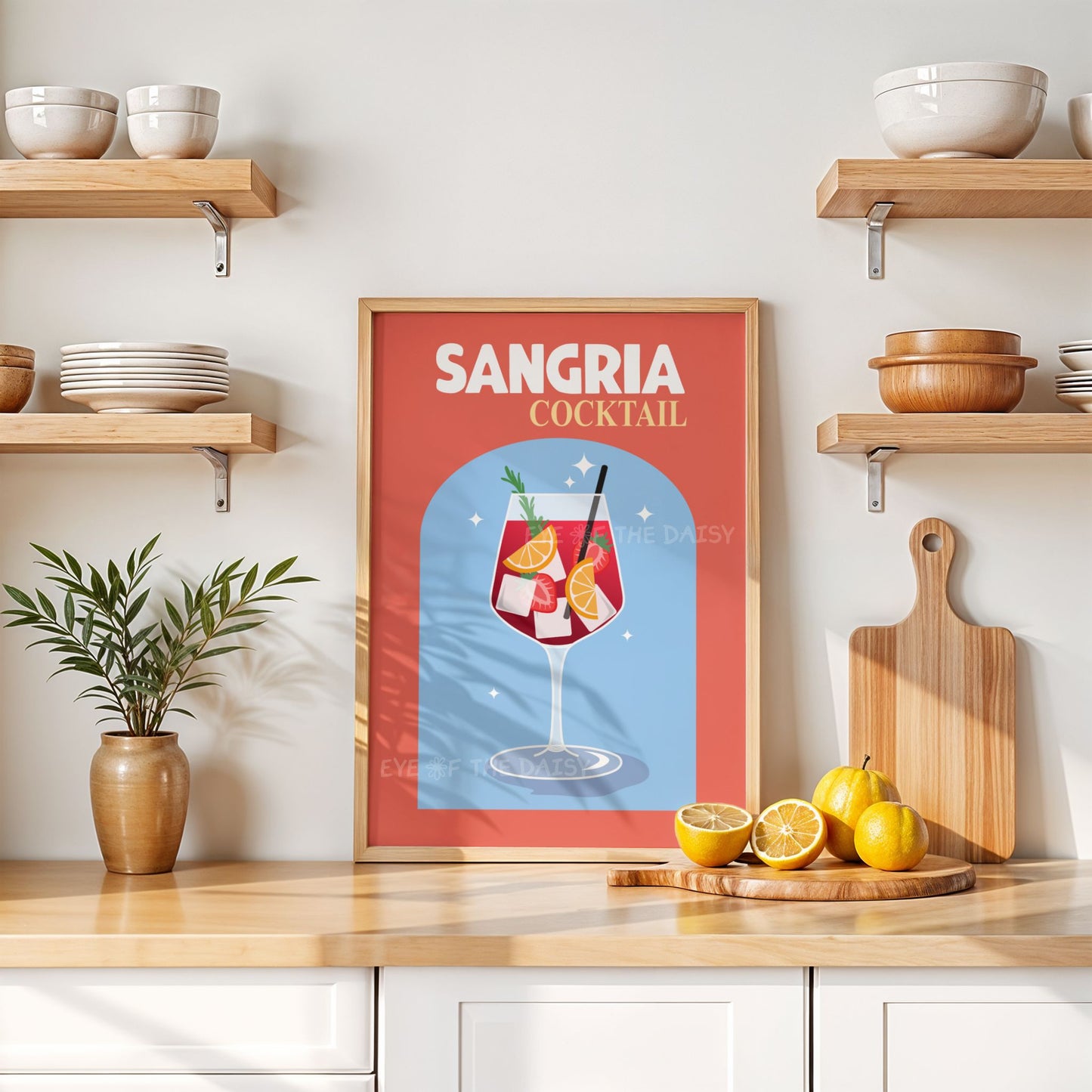 Colorful Sangria drink poster, cocktail printable wall art for modern kitchen or dining space with a fun Mediterranean summer vibe