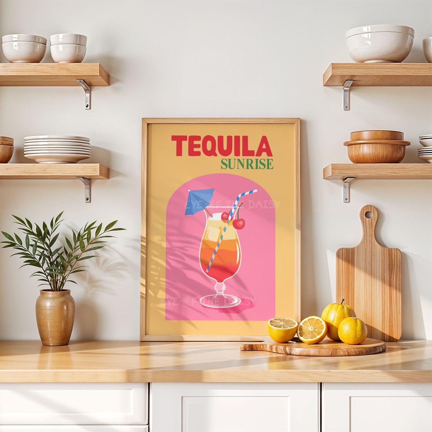 Tequila Sunrise cocktail digital print, colorful pink and orange drink poster for eclectic kitchen or bold dining room decor