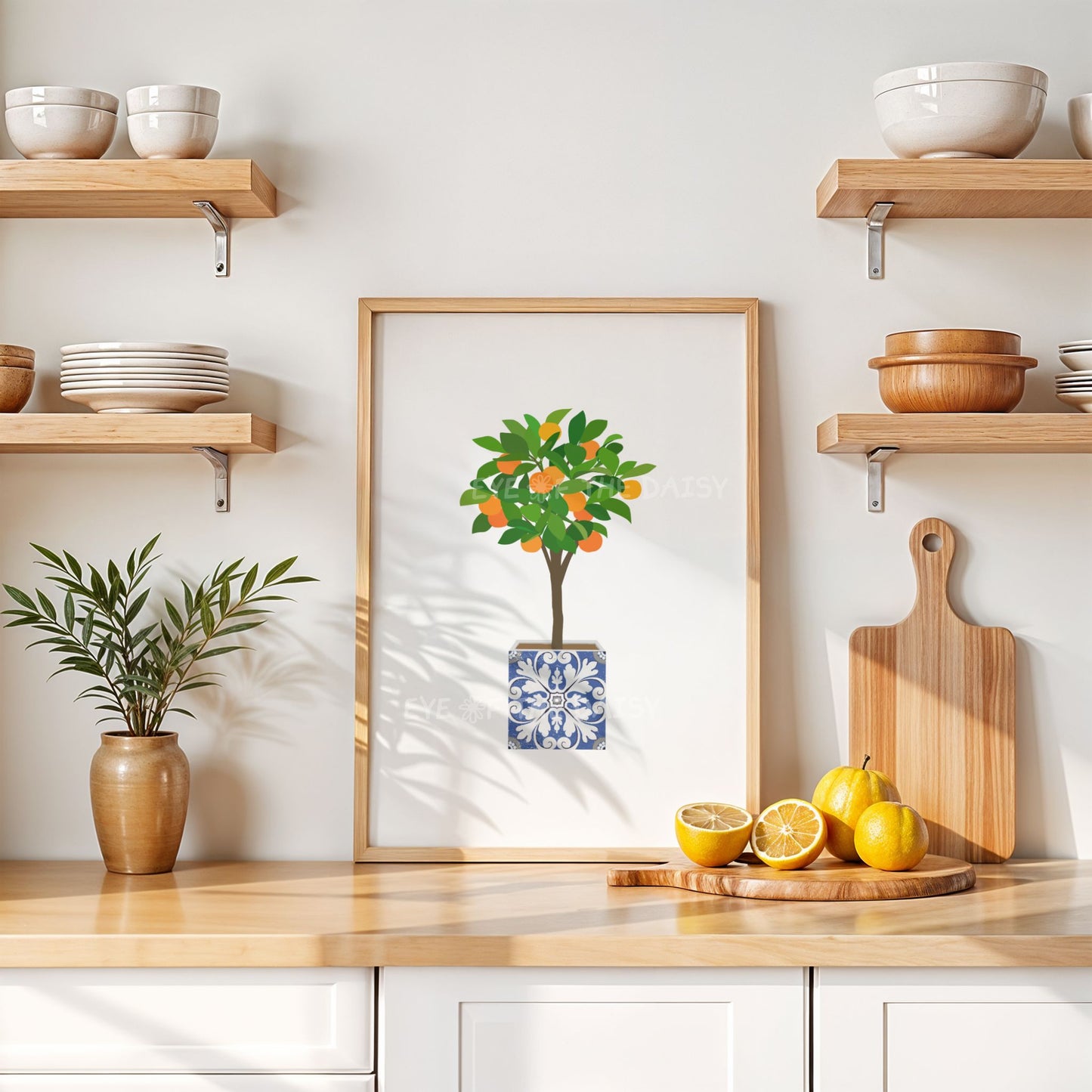 Orange tree printable wall art in decorative blue tile pot – colorful botanical poster download, ideal DIY decor for kitchen or breakfast nook