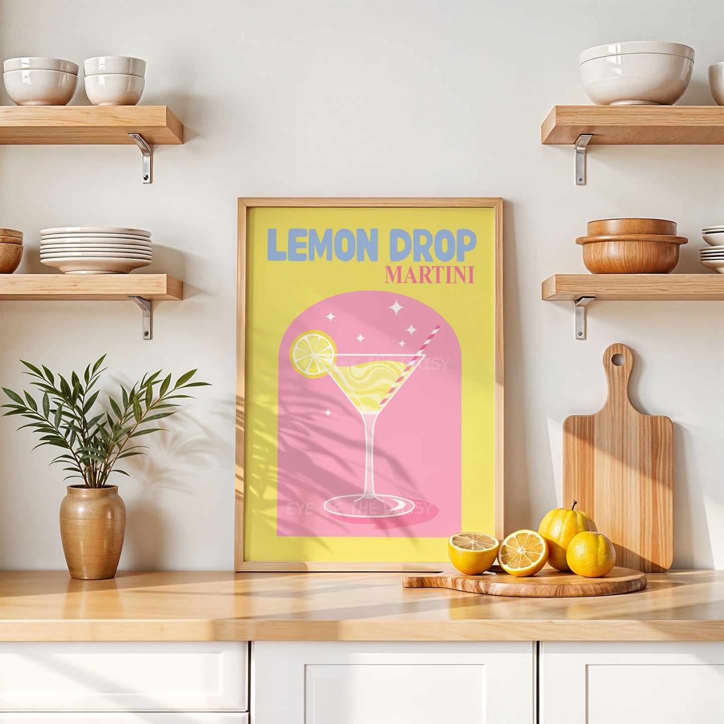 Modern Lemon Drop Martini cocktail print, retro-style digital download wall art for colorful kitchen or fun apartment bar area