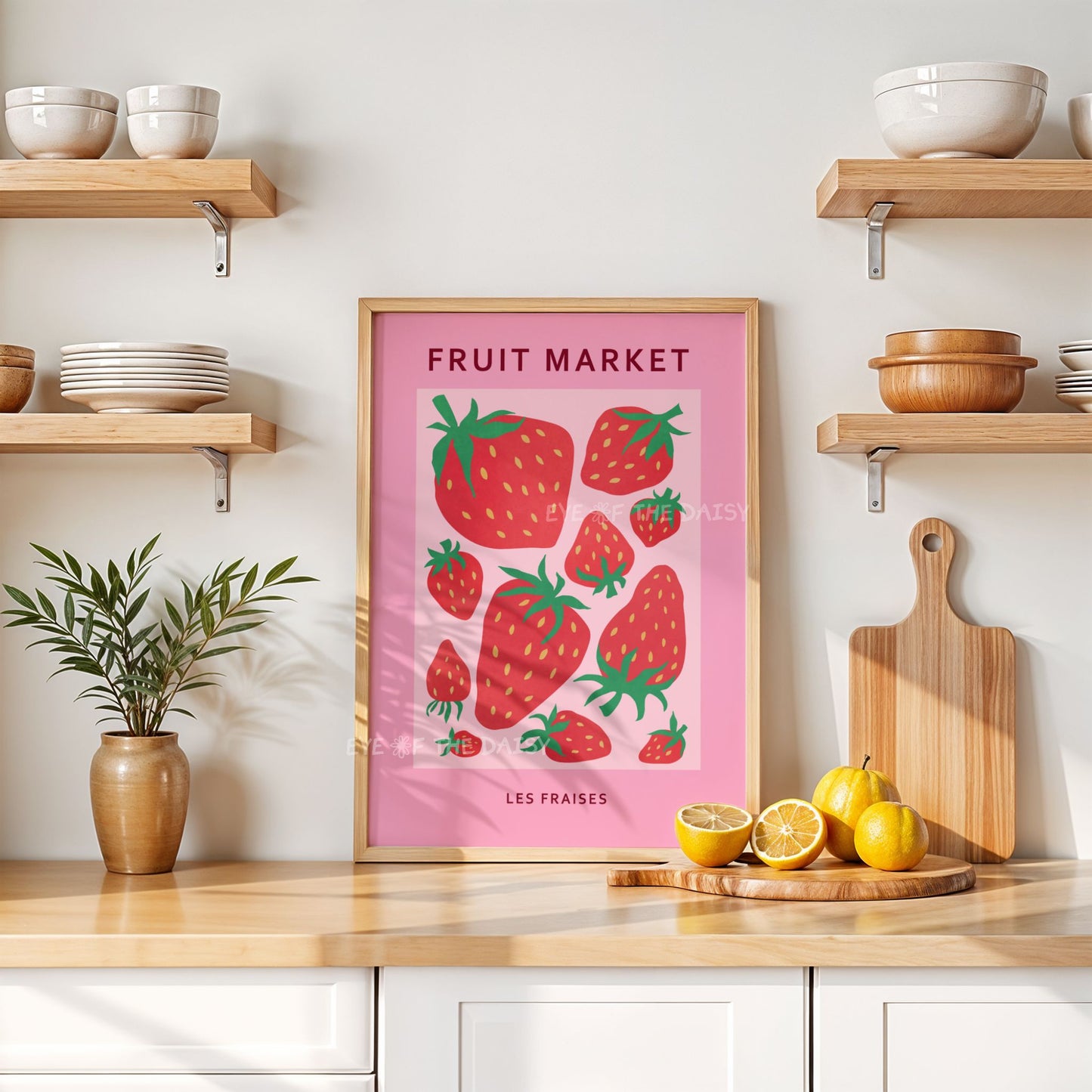 Modern vibrant "Les Fraises" strawberry "Fruit Market" print with abstract stylised strawberries in red on pink, great for fun kitchen wall decor