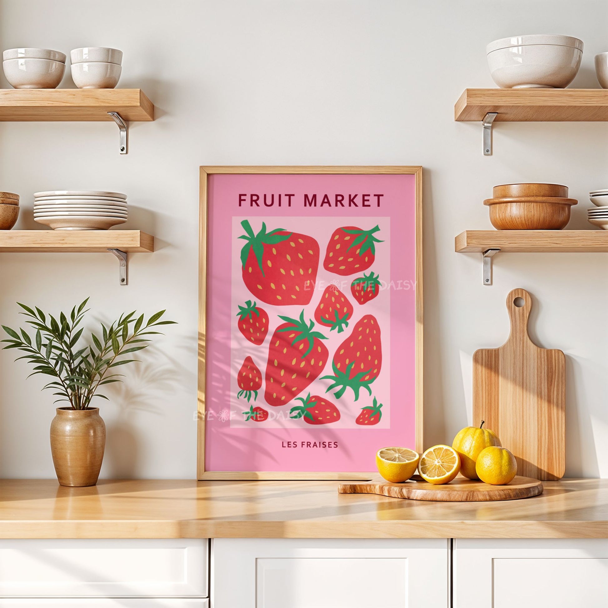 Modern vibrant "Les Fraises" strawberry "Fruit Market" print with abstract stylised strawberries in red on pink, great for fun kitchen wall decor
