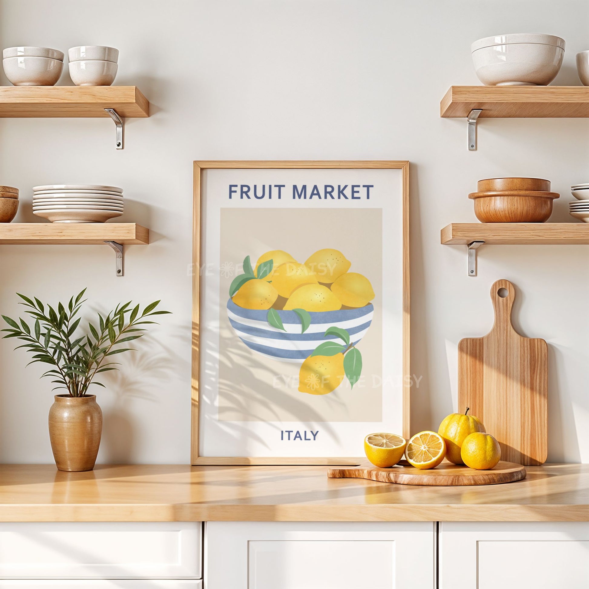 Italian lemons fruit market art print – hand drawn fruit printable wall decor for kitchen, instant digital download poster