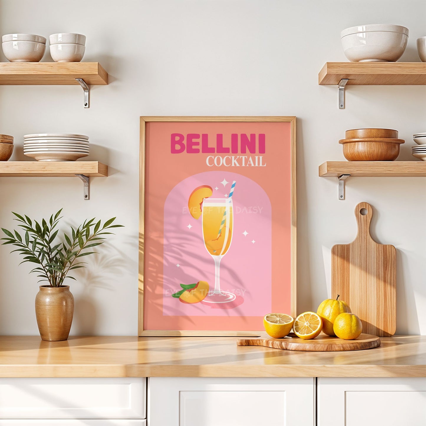 Retro Bellini cocktail wall art – printable poster download, vibrant cocktail sign perfect for kitchen, brunch nook, or casual event decor