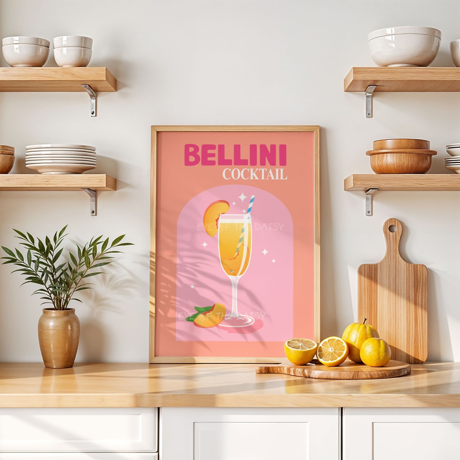 Retro Bellini cocktail wall art – printable poster download, vibrant cocktail sign perfect for kitchen, brunch nook, or casual event decor