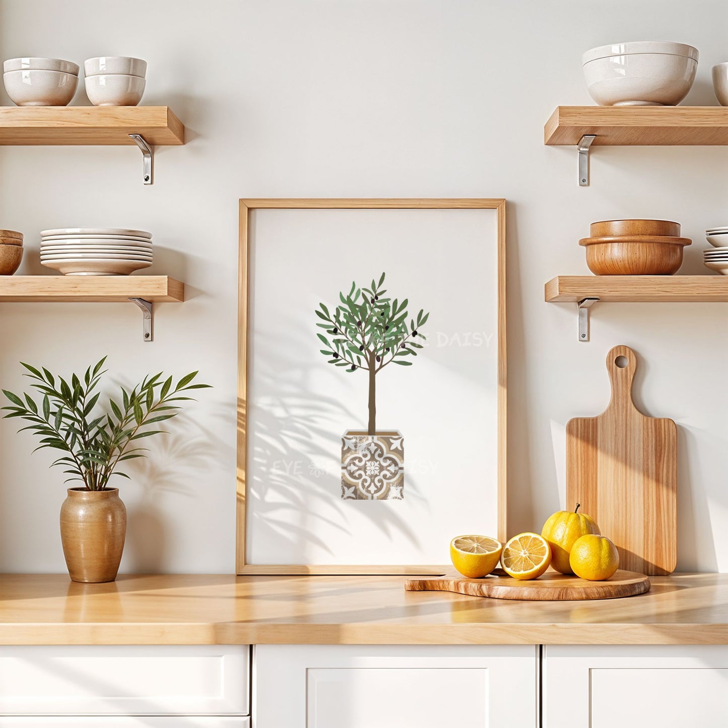 Minimalist olive tree print in boho vase pot – sage green beige botanical printable poster, downloadable art perfect for Mediterranean kitchen decor