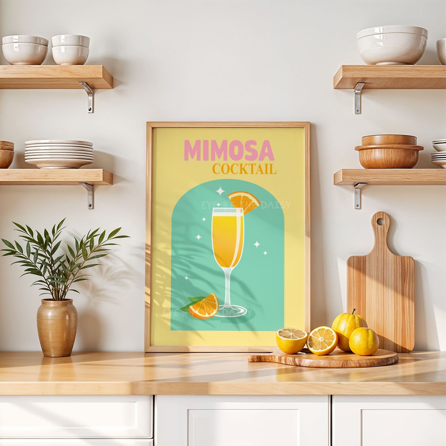 Funky Mimosa cocktail print digital download — colourful retro poster for kitchen wall decor or printable poster for brunch lovers