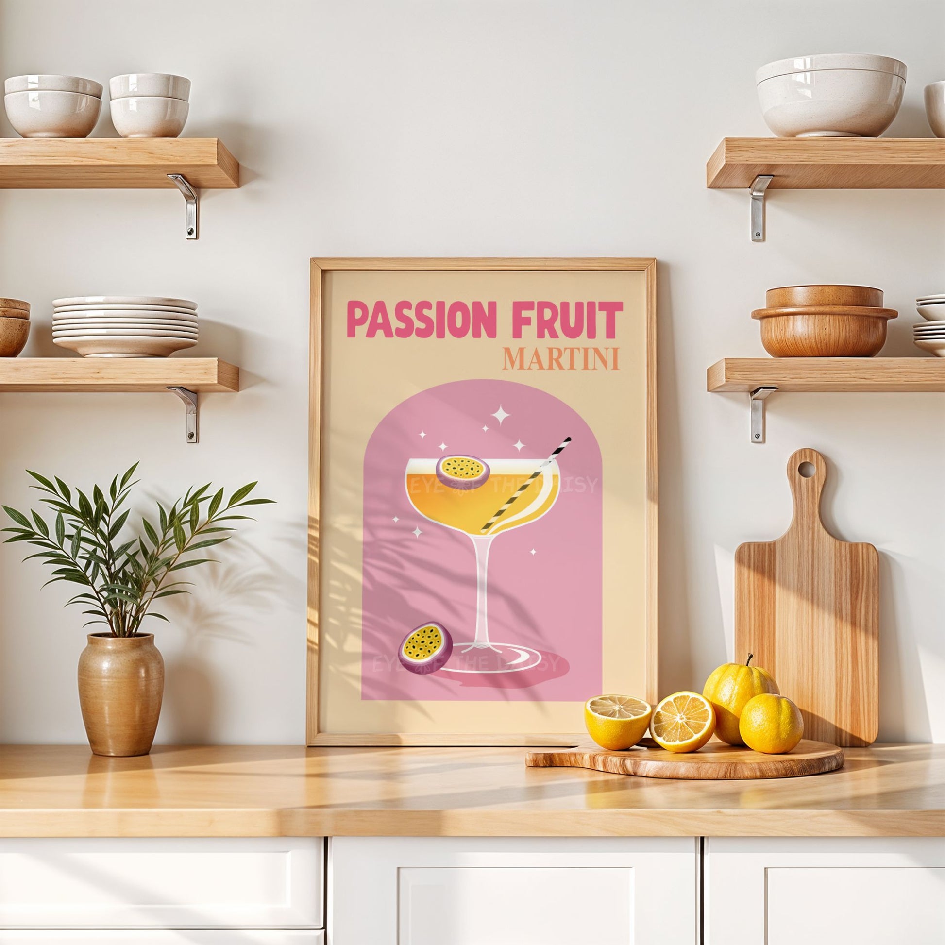 Passion Fruit Martini cocktail print in bright tropical colors, printable wall art digital download for fun home bar gallery wall