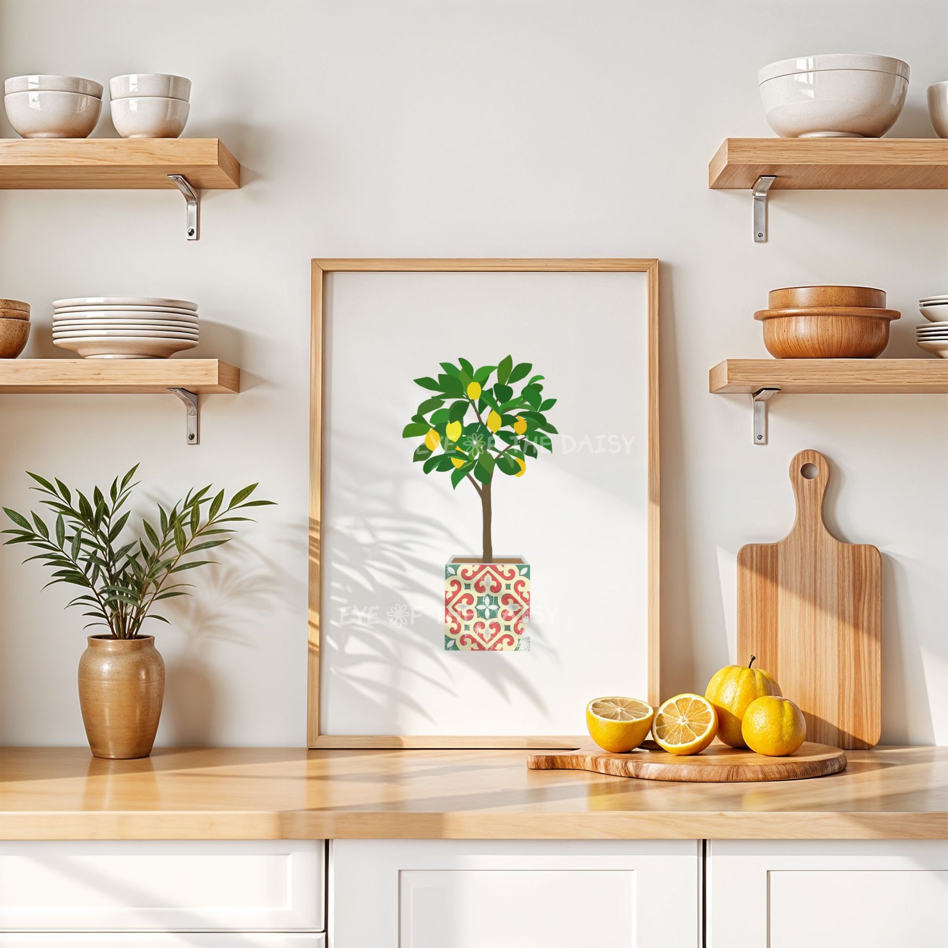 Boho lemon tree wall art with Mediterranean tile pot – minimalist botanical downloadable print, bright printable poster for fresh kitchen decor