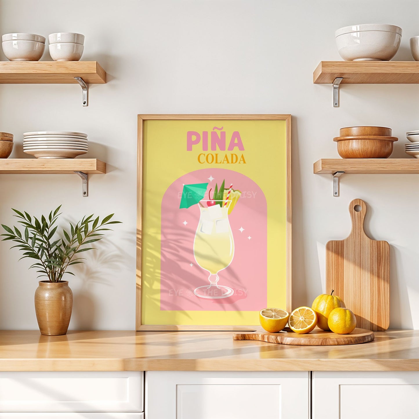Bright Piña Colada printable art – retro tropical kitchen wall decor, vibrant cocktail print download for fun interiors