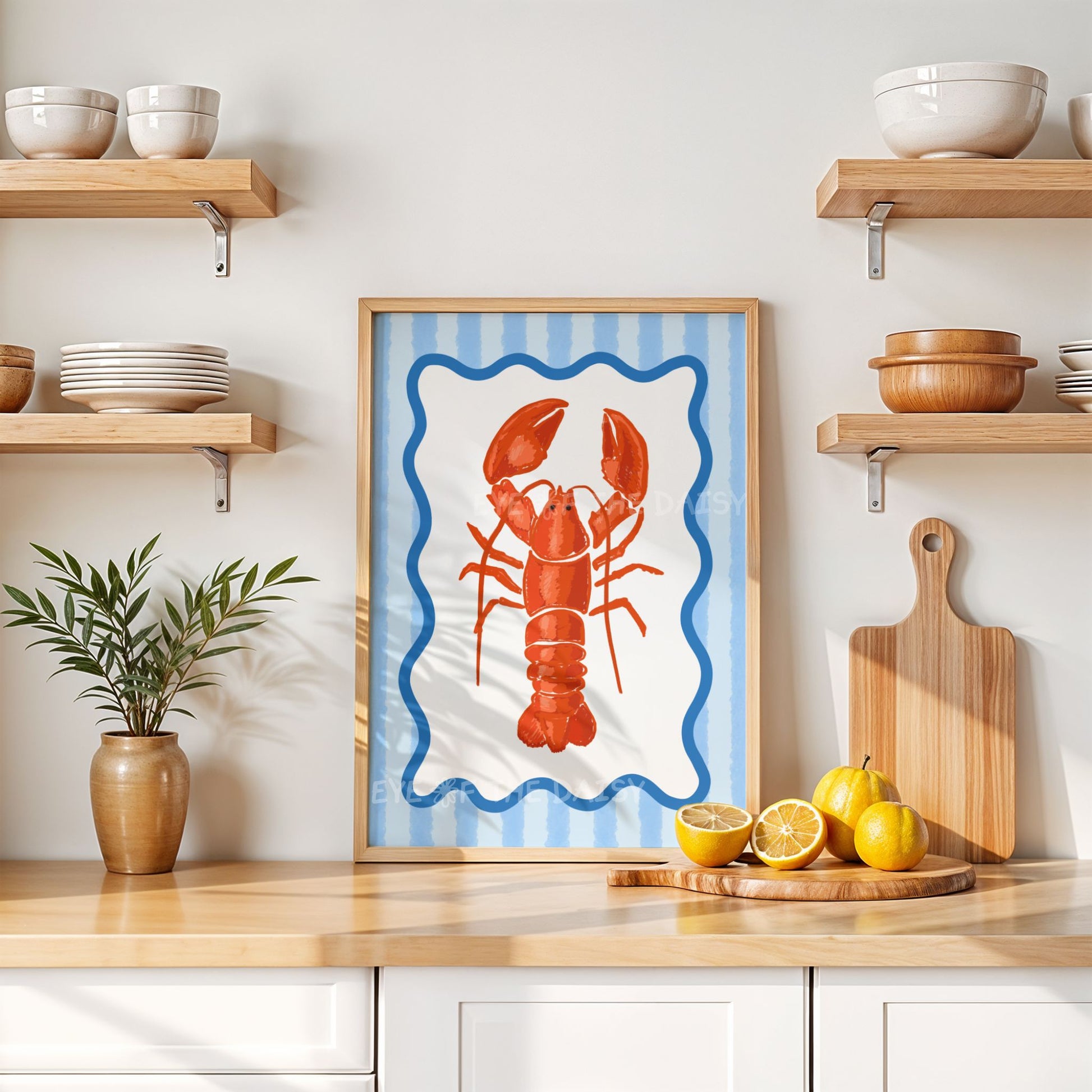 Fun hand drawn lobster print download with funky blue wavy striped border – playful coastal or kitchen wall decor