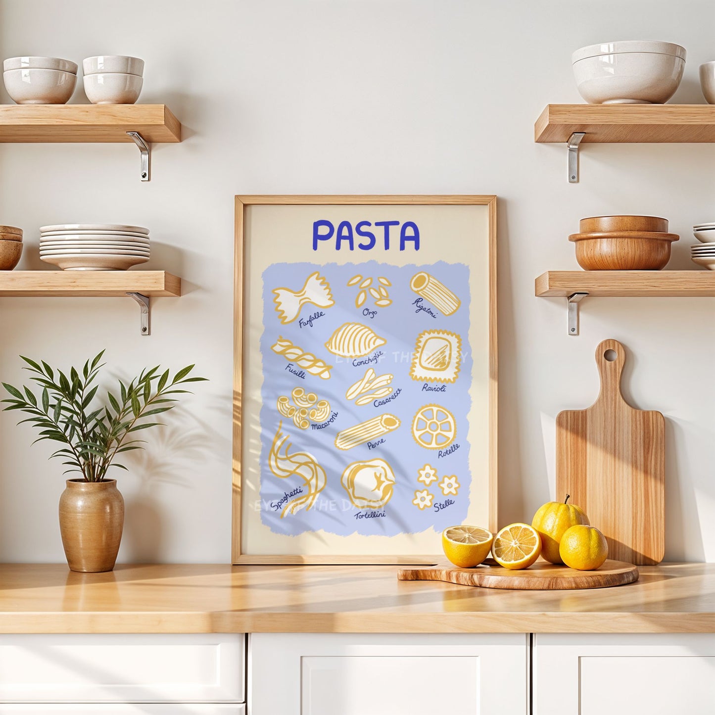Pasta Types print with hand drawn Italian pasta shapes illustration and names, great gift for a pasta lover