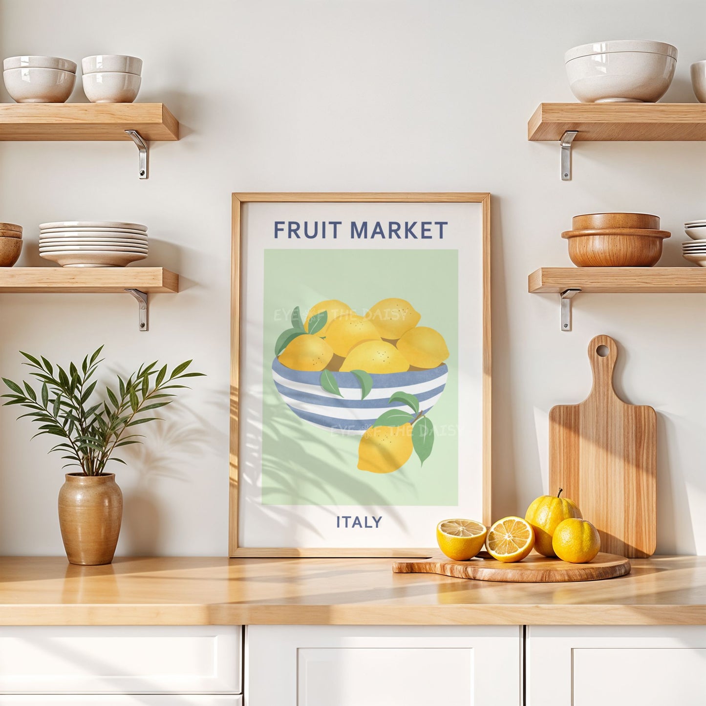 Printable gallery wall set with abstract fruits — poster download perfect for bright colorful living room with modern Mediterranean vibes