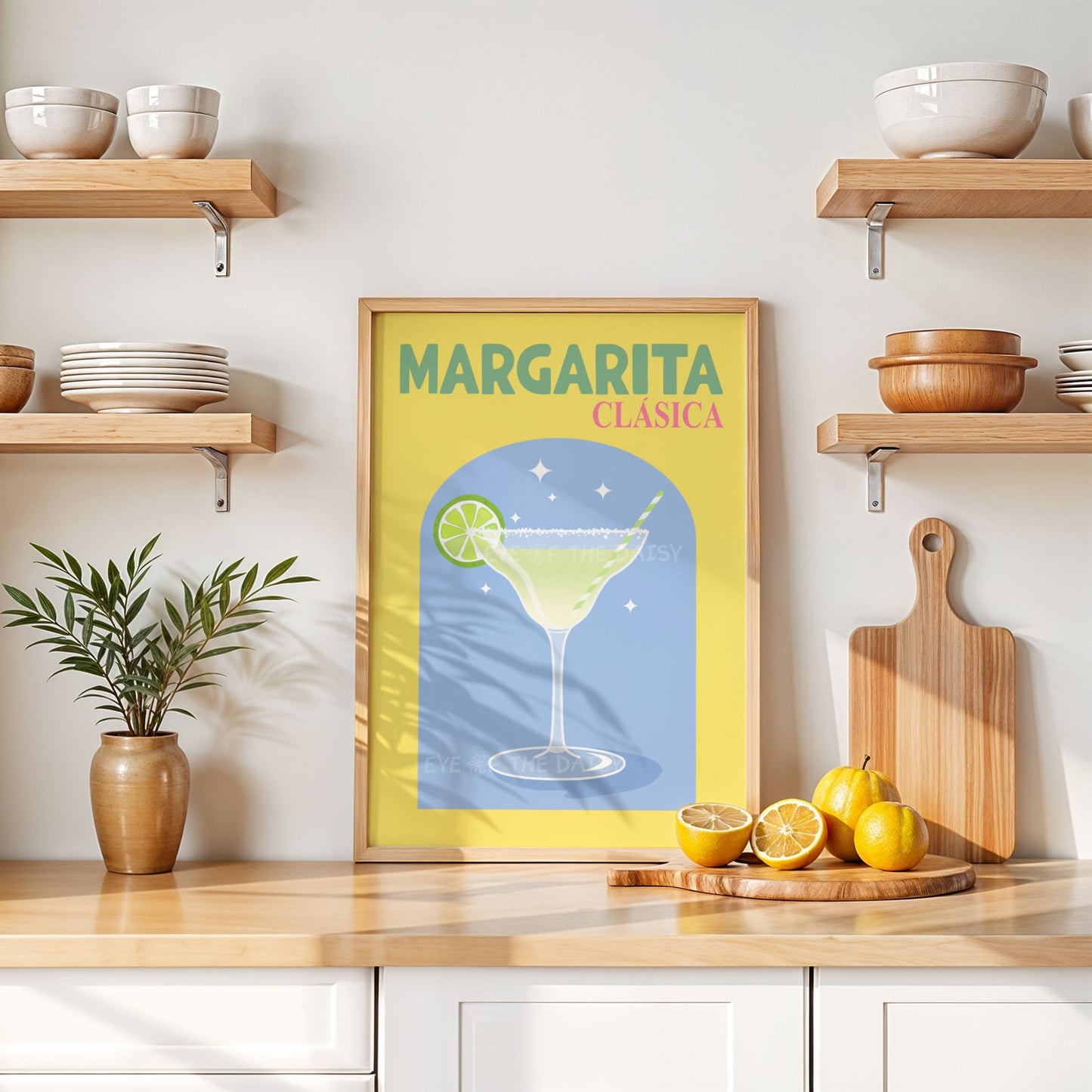 Colourful retro Margarita cocktail printable wall art with text in vibrant yellow, blue and green, in a fun kitchen decor