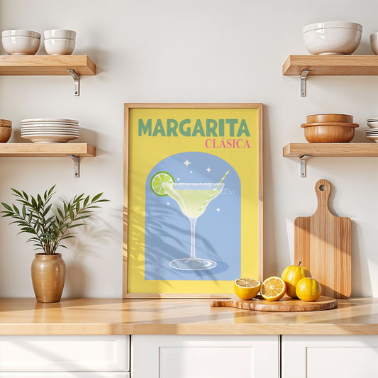 Colourful retro Margarita cocktail printable wall art with text in vibrant yellow, blue and green, in a fun kitchen decor