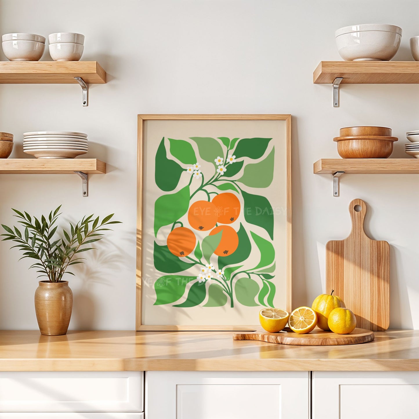 Bold orange tree DIY wall decor with botanical abstract design – vibrant green, orange fruit print for a modern kitchen decor