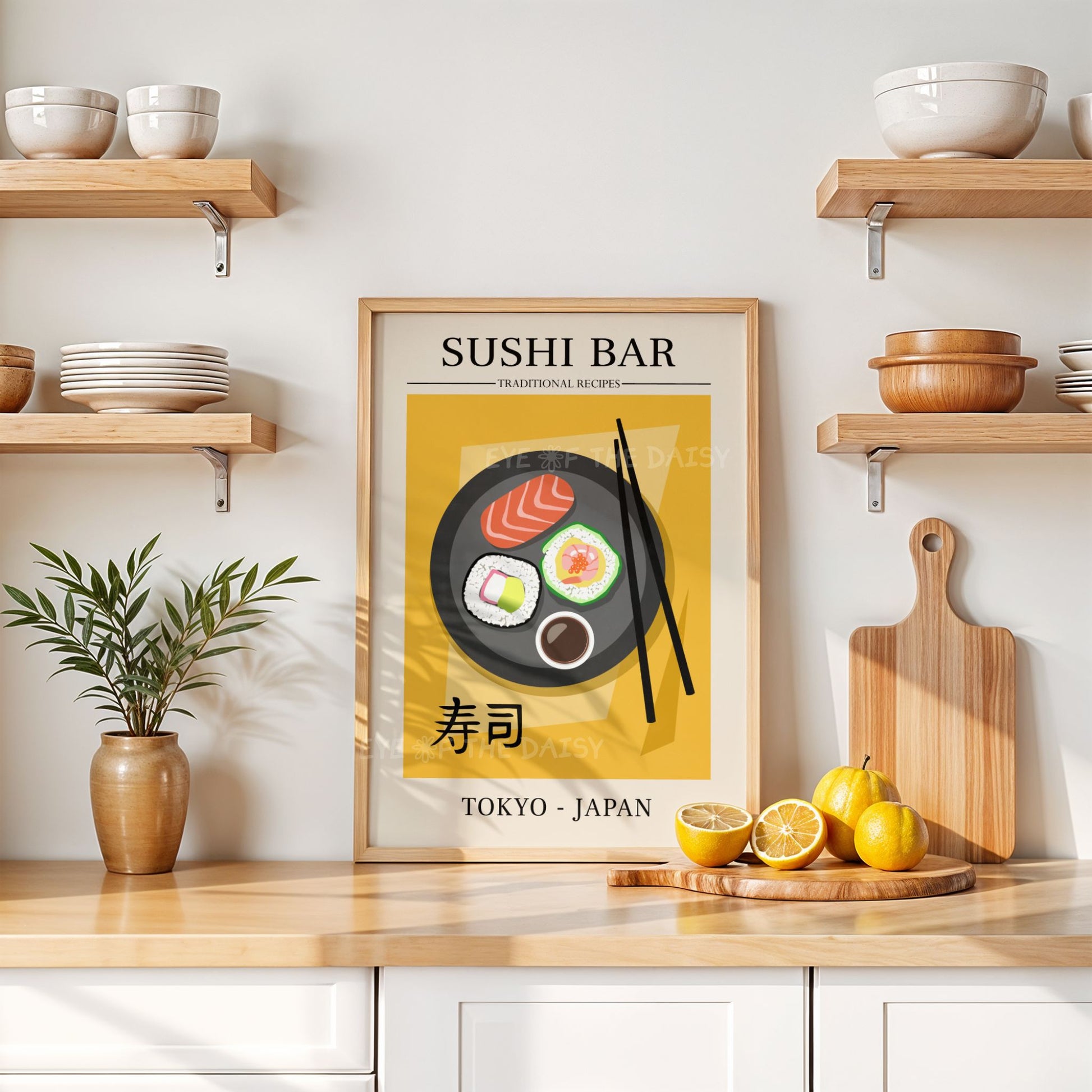 Contemporary Sushi printable wall art, with colorful sushi roll and chopsticks illustration, makes a great dinner party print or foodie gift