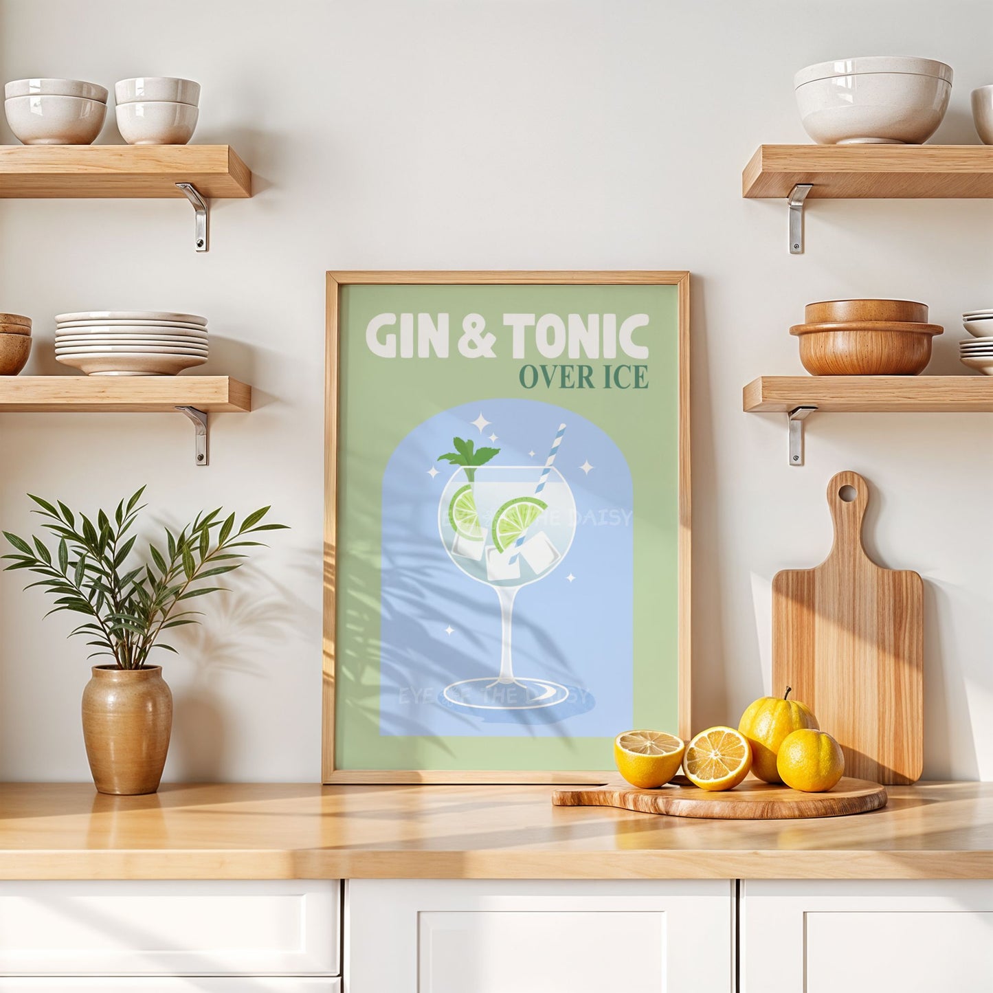 Trendy Cocktail digital art print with 'Gin & Tonic' phrase in light blue and sage green – playful cocktail-themed wall decor for fun kitchen spaces