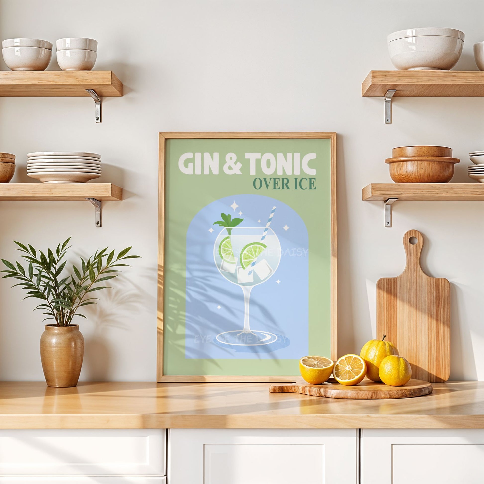 Trendy Cocktail digital art print with 'Gin & Tonic' phrase in light blue and sage green – playful cocktail-themed wall decor for fun kitchen spaces