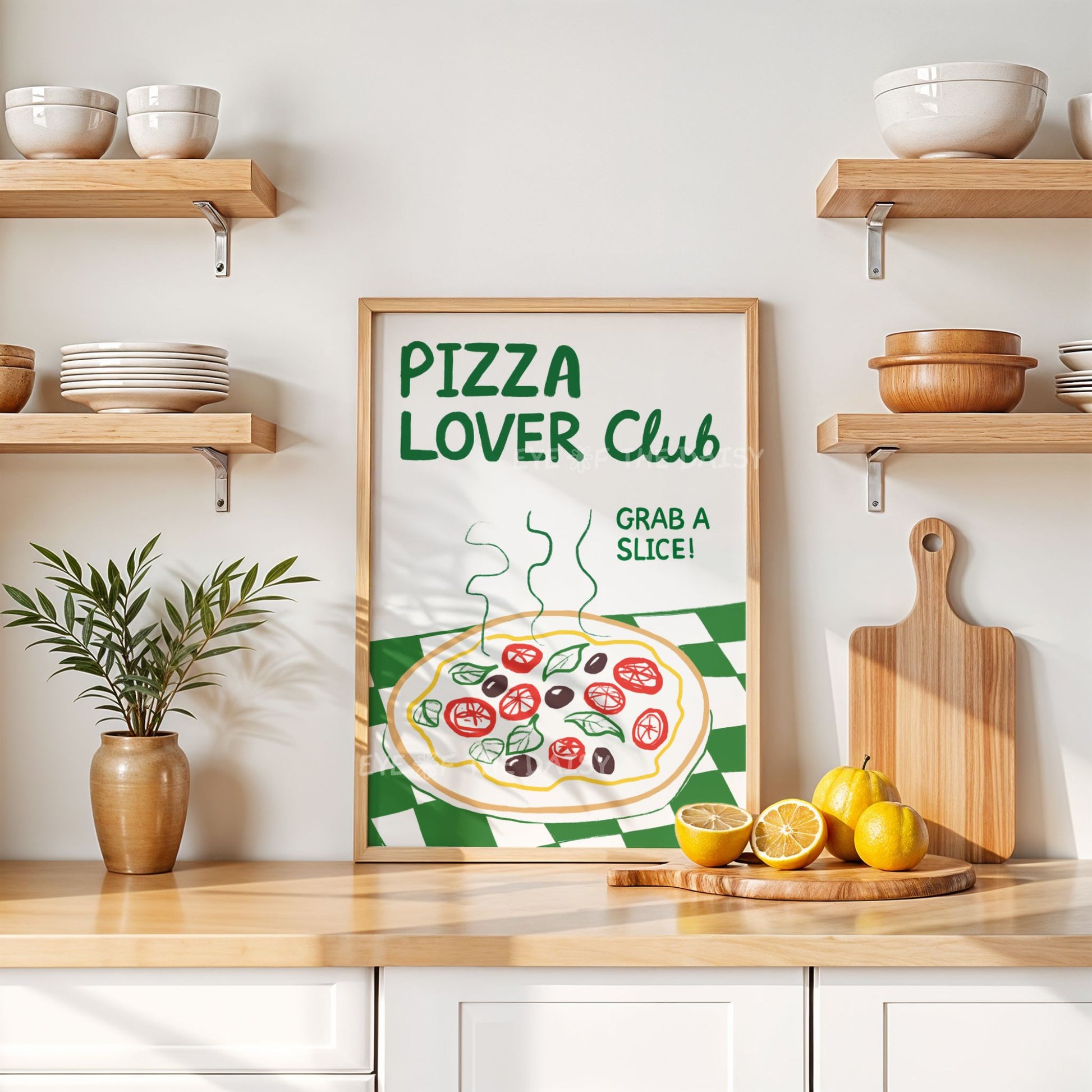 'Pizza Lover Club' DIY wall art print in a fun modern kitchen, great wall decor for a vacation rental