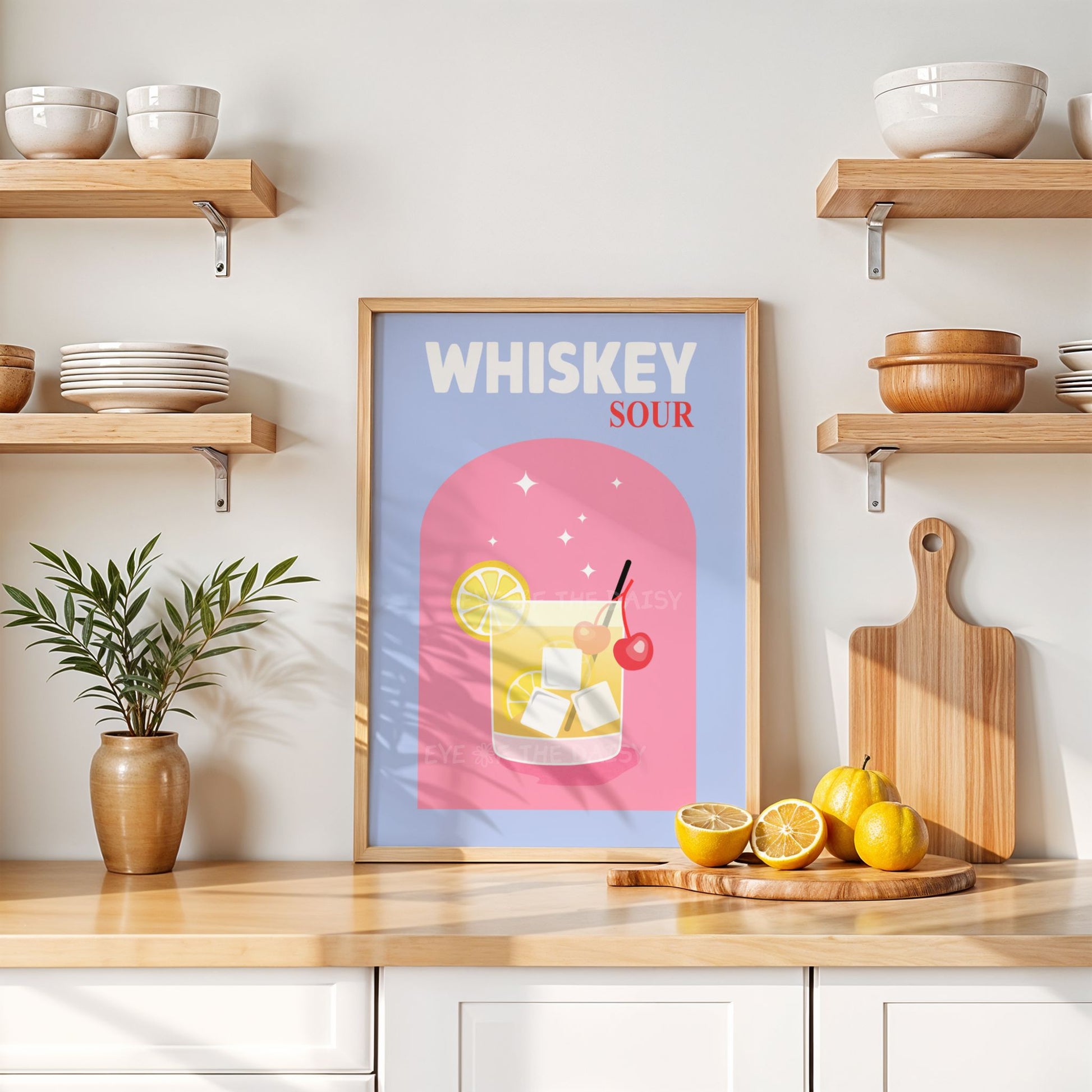 Cute trendy Whiskey Sour cocktail wall art, modern drink print download for colorful kitchen gallery wall