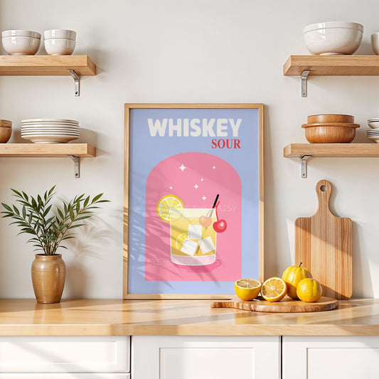 Cute trendy Whiskey Sour cocktail wall art, modern drink print download for colorful kitchen gallery wall