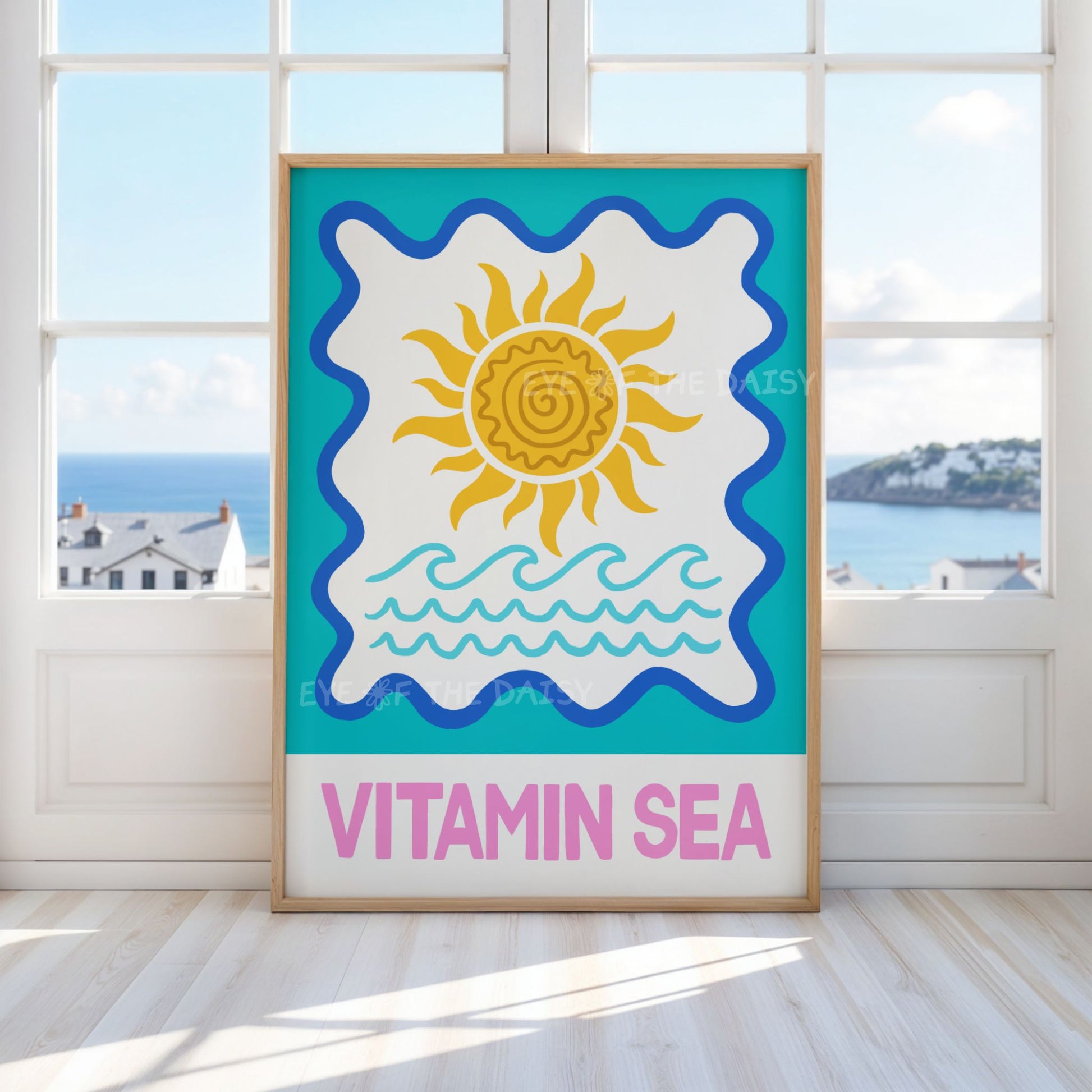 Bright Vitamin Sea printable wall art with hand drawn sun – funny coastal print for living room, summer vibes poster download